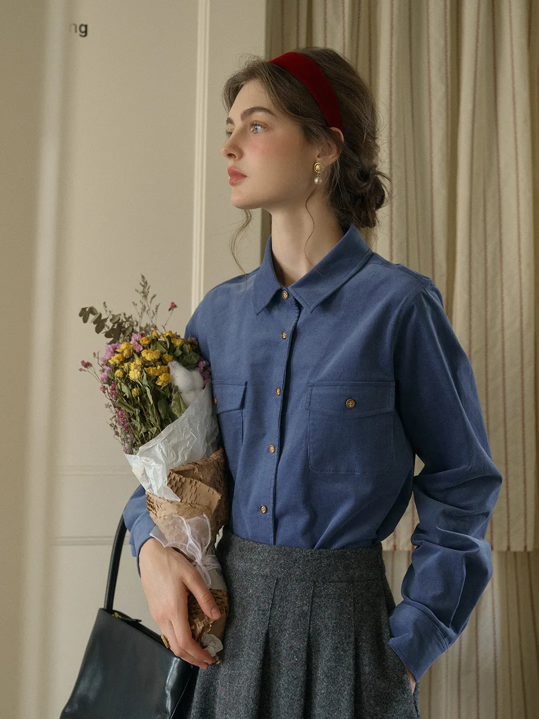 Anais Classic Notched Collar Pocket Corduroy Shirt - Red WrinkleFree Weaving
