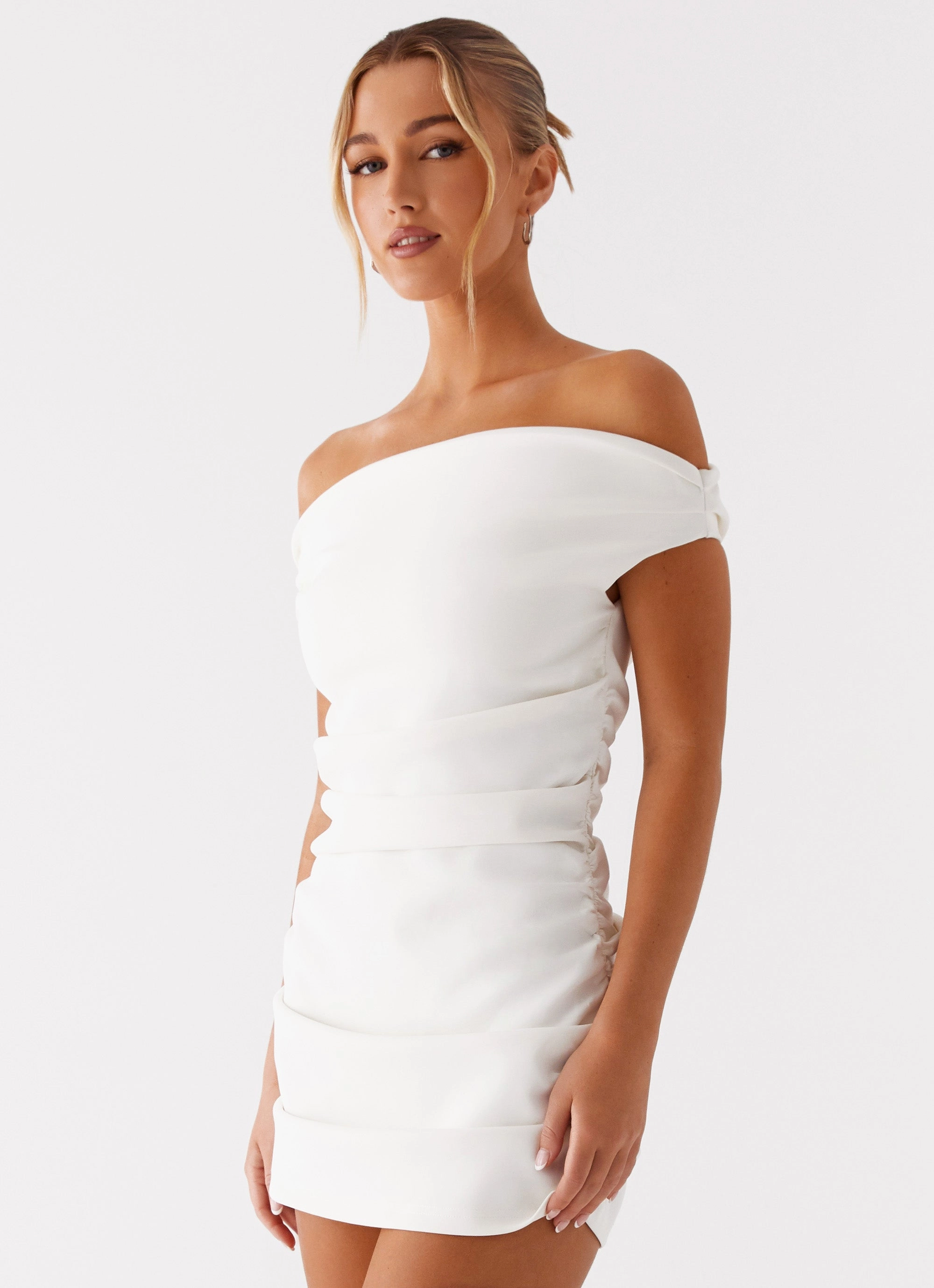 Morgan Off Shoulder Mini Dress - Ivory Anti Pilling Treatment