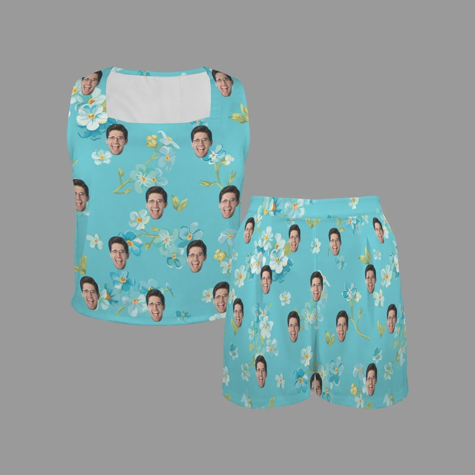 Custom Face Blue Womens 2 Piece Pajama Set Sleeveless Square Neck Pocket Loungewear