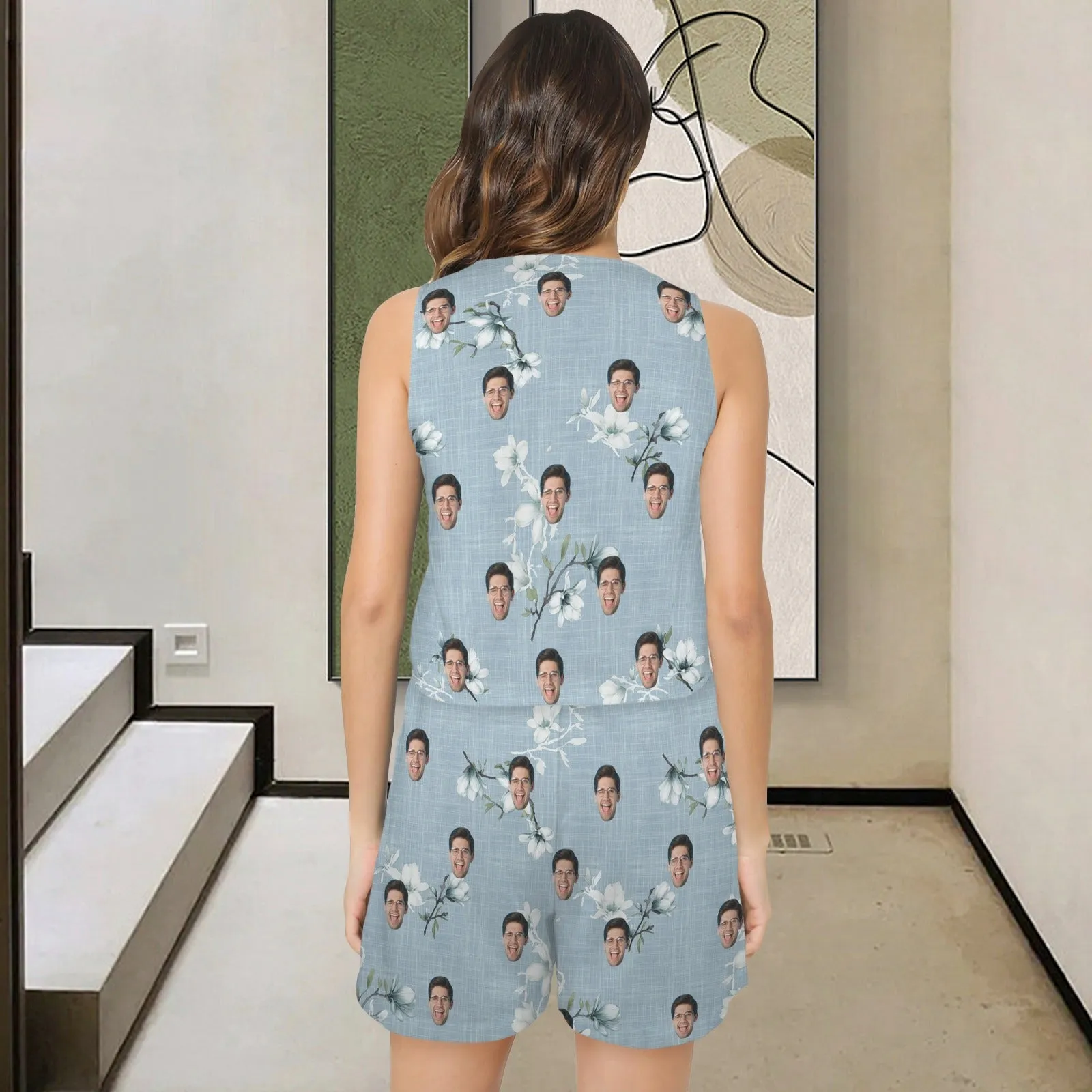 Custom Face Blue Womens 2 Piece Pajama Set Sleeveless Square Neck Pocket Loungewear