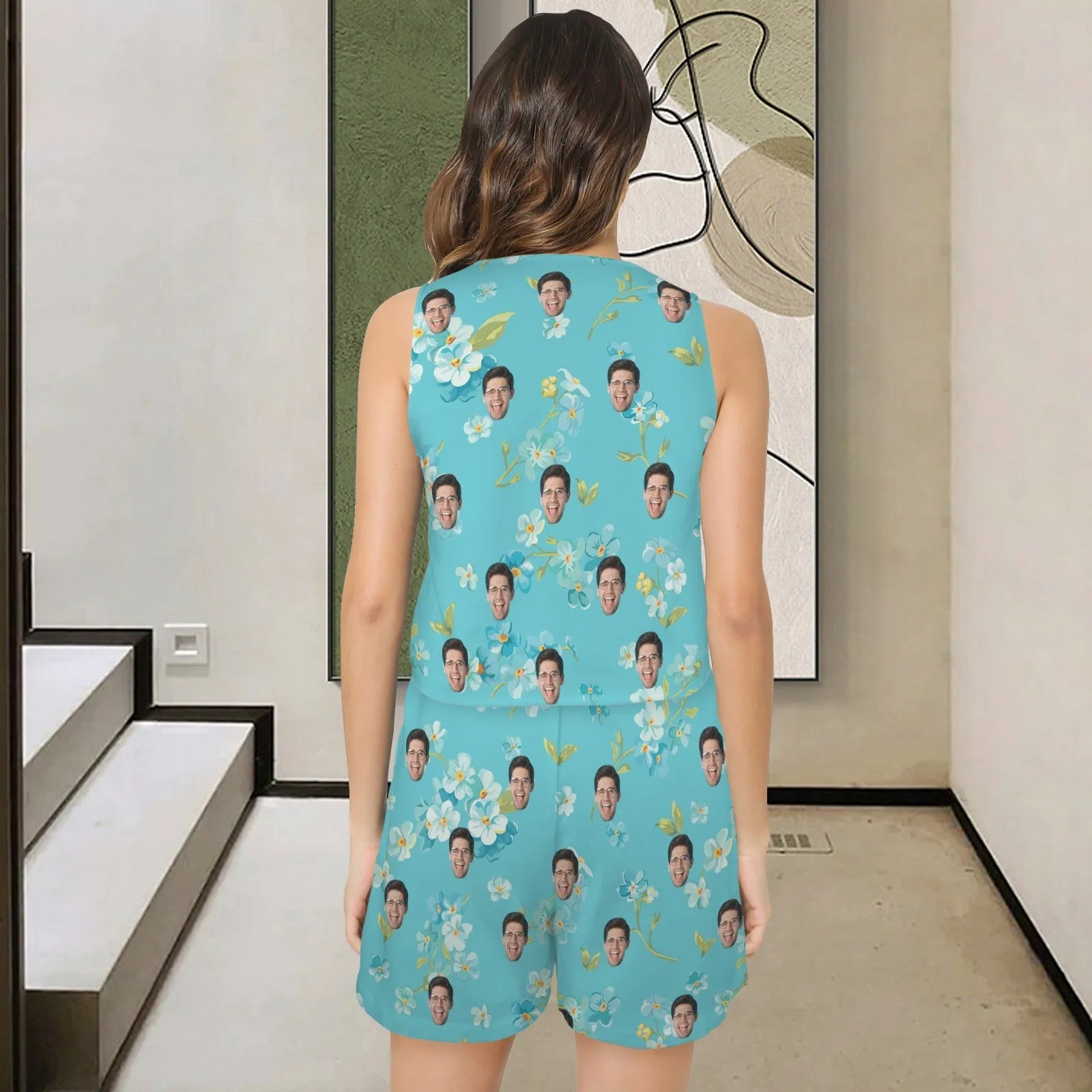 Custom Face Blue Womens 2 Piece Pajama Set Sleeveless Square Neck Pocket Loungewear