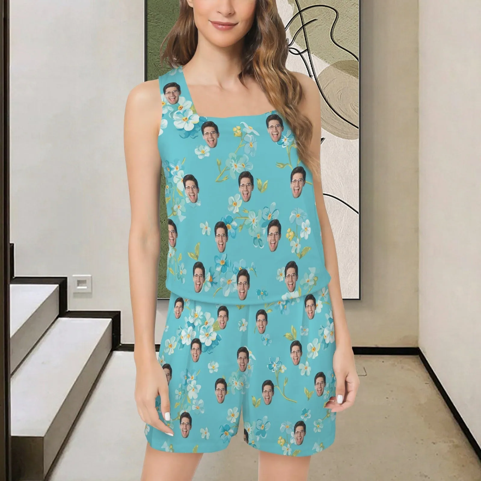 Custom Face Blue Womens 2 Piece Pajama Set Sleeveless Square Neck Pocket Loungewear