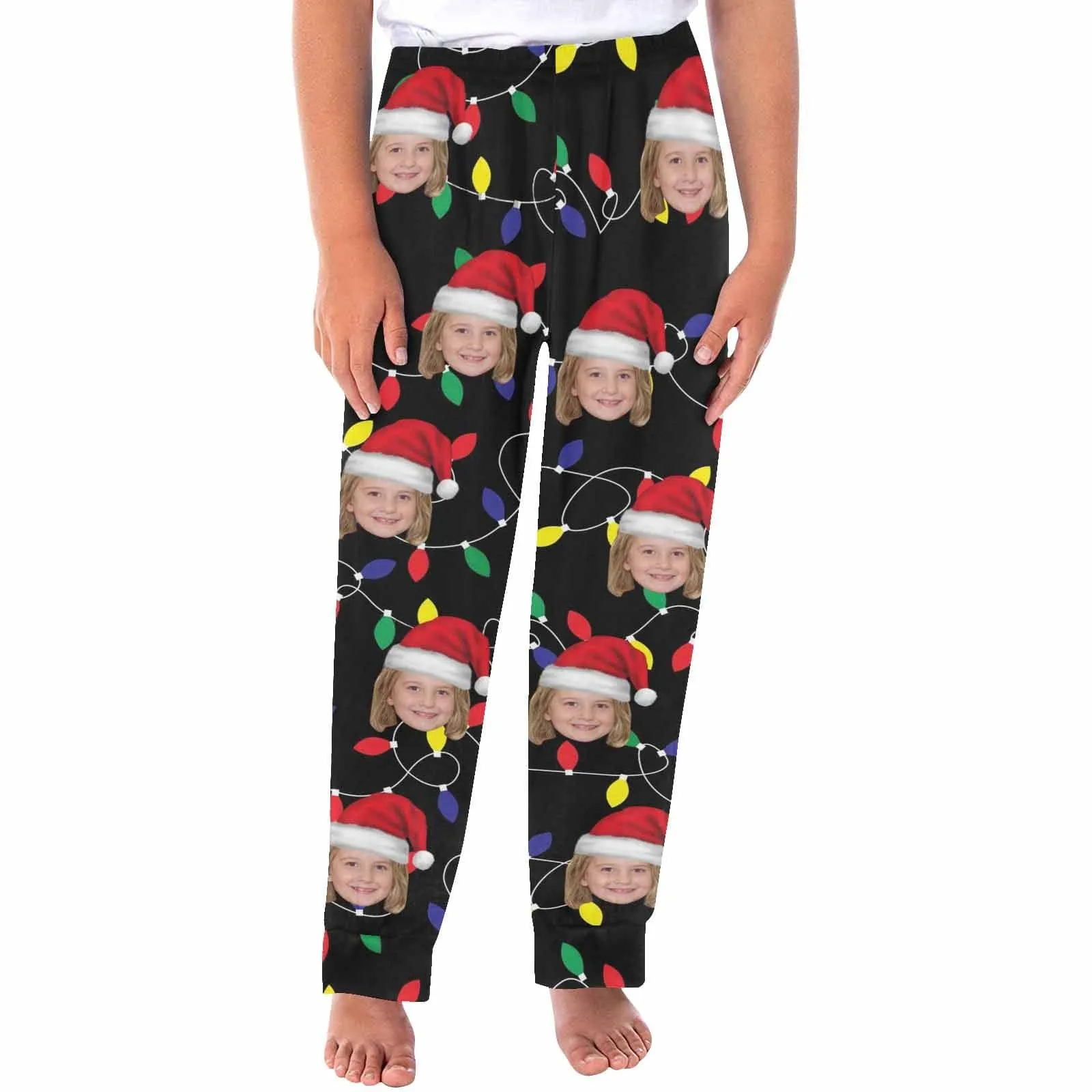 Custom Face Colored Light Bulbs Christmas Red Hat Sleepwear Personalized Women's&Men's Slumber Party Long Pajama Pants