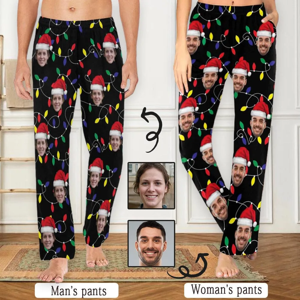 Custom Face Colored Light Bulbs Christmas Red Hat Sleepwear Personalized Women's&Men's Slumber Party Long Pajama Pants