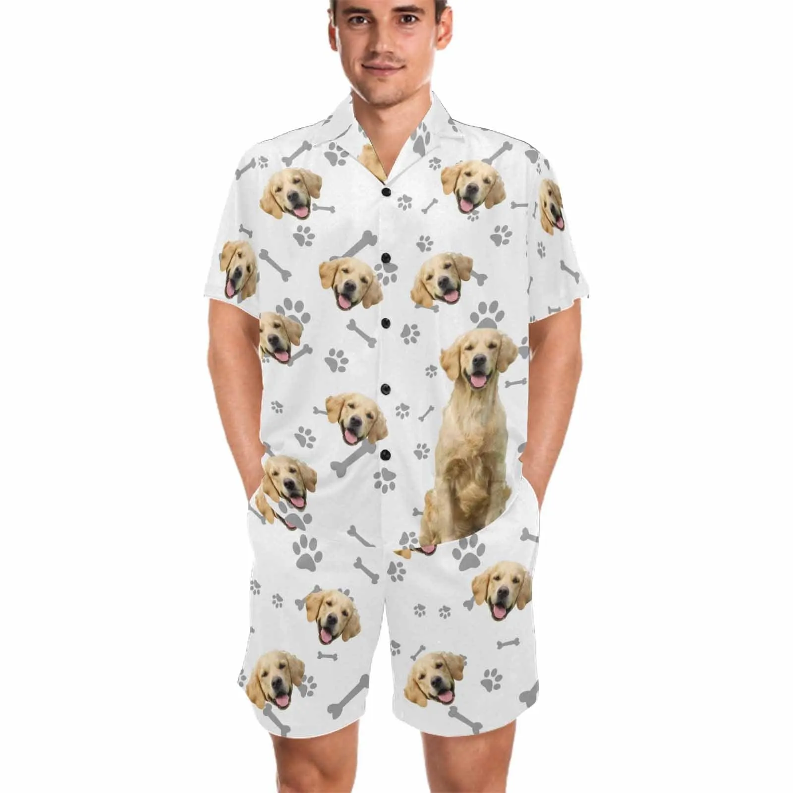 Custom Pet Matching Pajamas Personalized Face Dog&Cat Couple Matching V-Neck Short Pajama Set Gifts for Couples