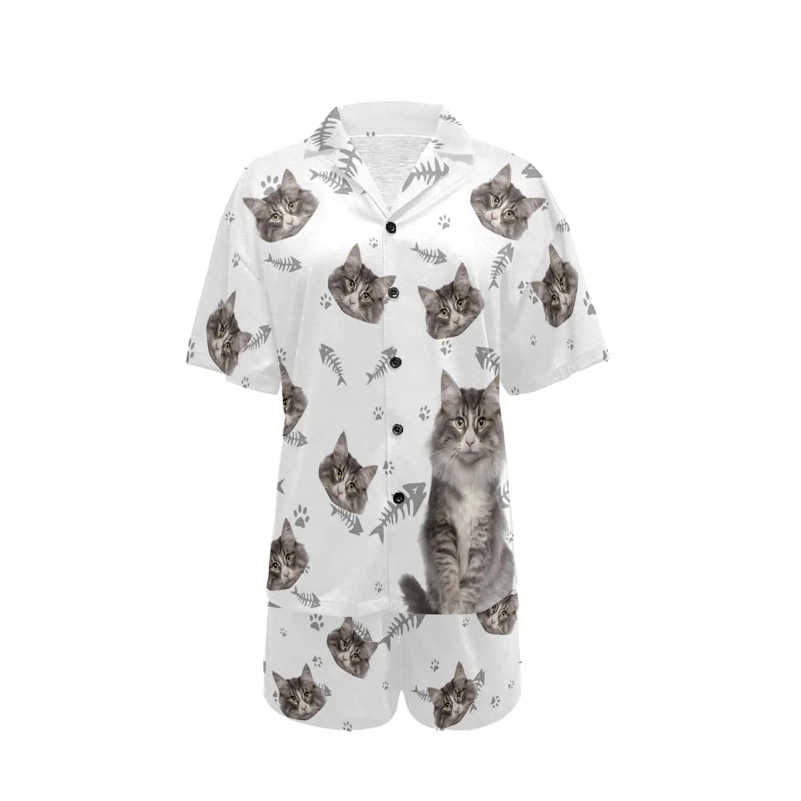 Custom Pet Matching Pajamas Personalized Face Dog&Cat Couple Matching V-Neck Short Pajama Set Gifts for Couples