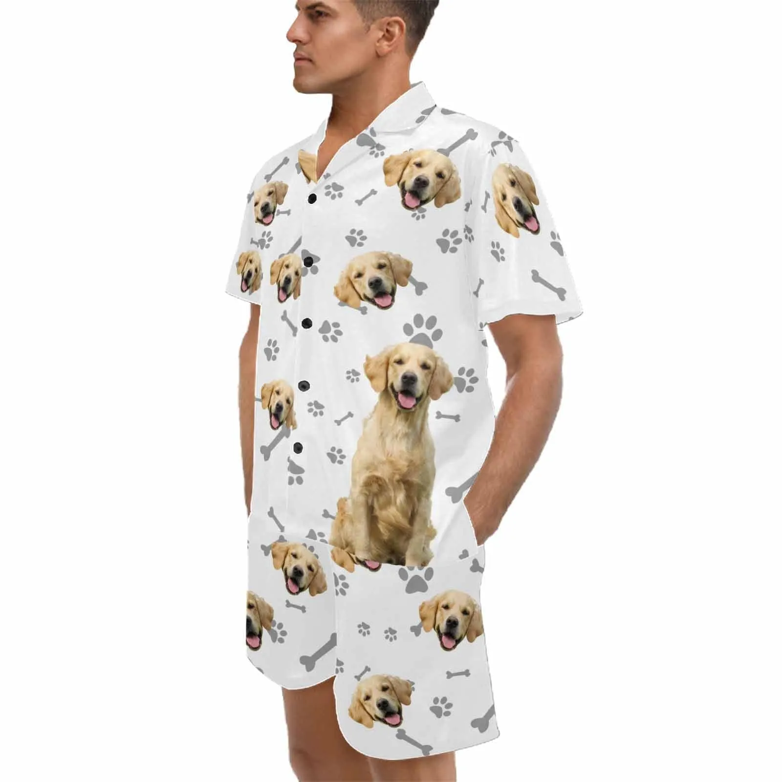 Custom Pet Matching Pajamas Personalized Face Dog&Cat Couple Matching V-Neck Short Pajama Set Gifts for Couples