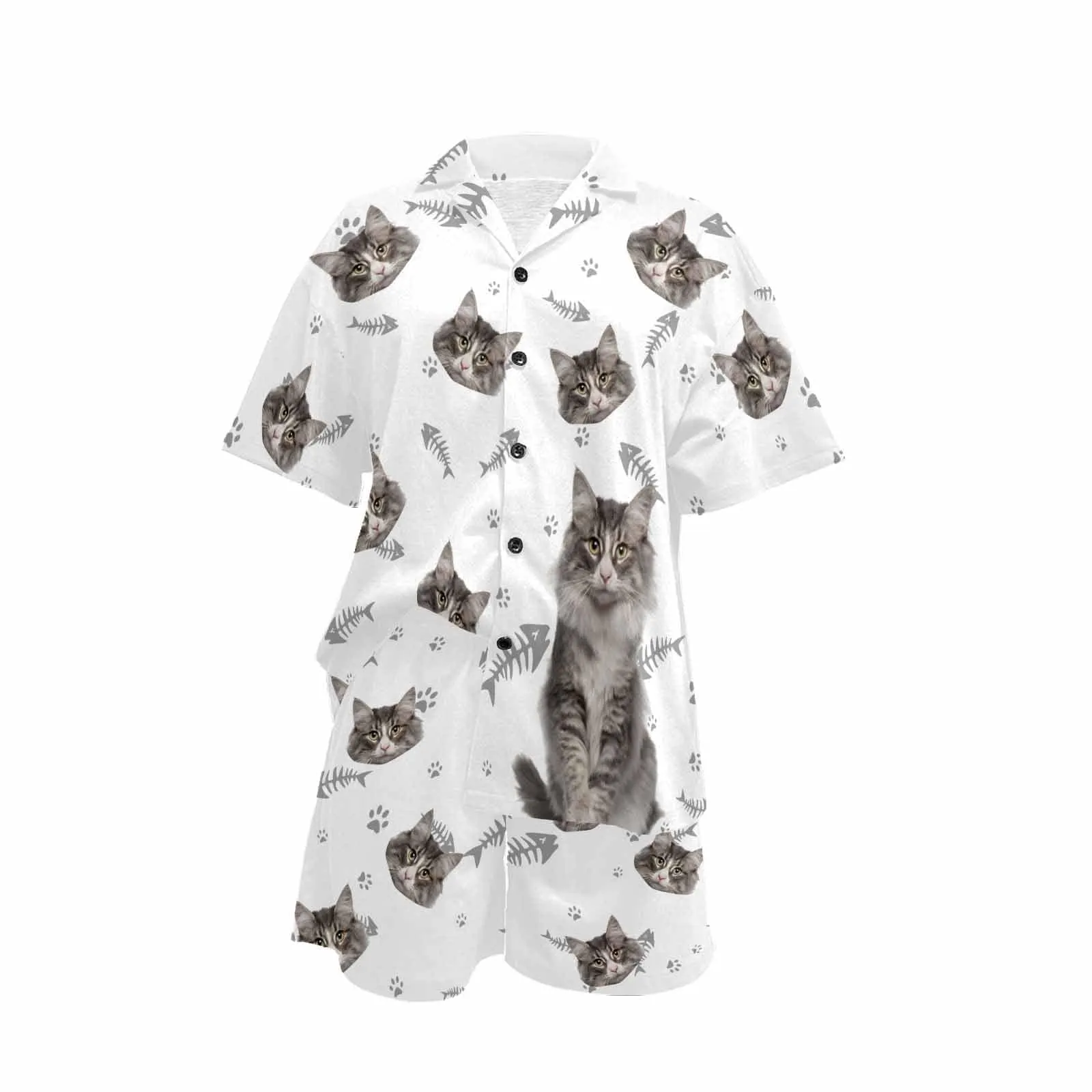 Custom Pet Matching Pajamas Personalized Face Dog&Cat Couple Matching V-Neck Short Pajama Set Gifts for Couples