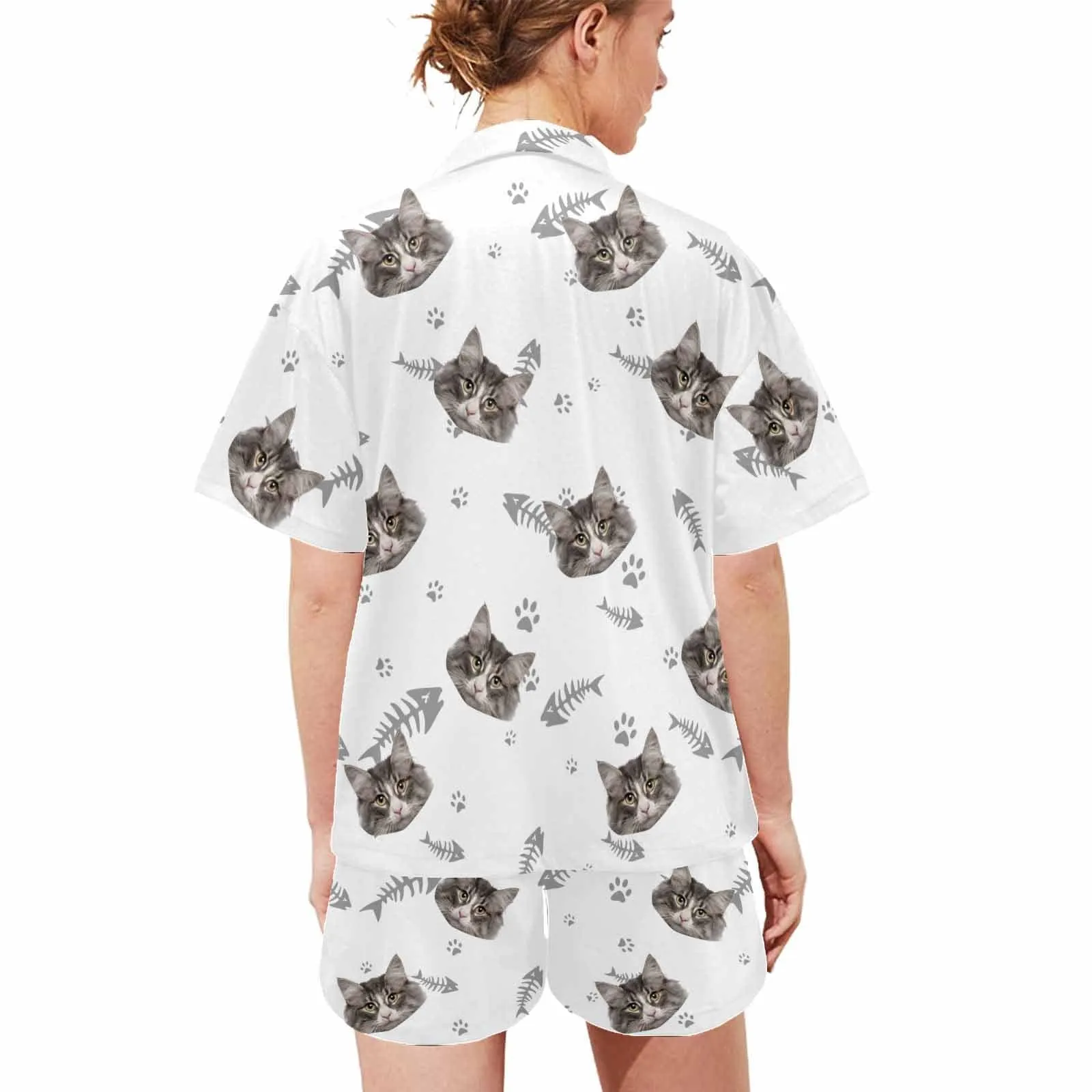 Custom Pet Matching Pajamas Personalized Face Dog&Cat Couple Matching V-Neck Short Pajama Set Gifts for Couples