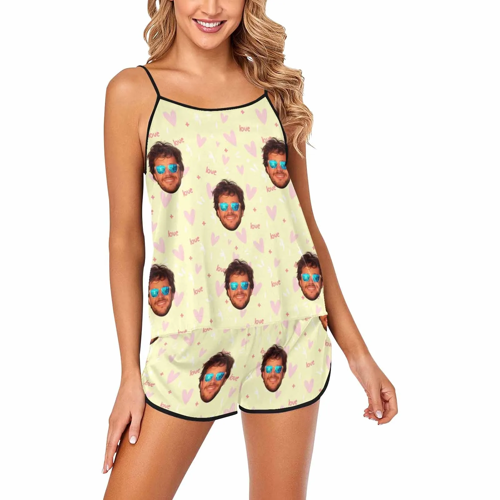 Custom photo Women's Spaghetti Strap Cami Short Pajama Sets with face Personalized picture women pajamas with face gifts for her wife mom
