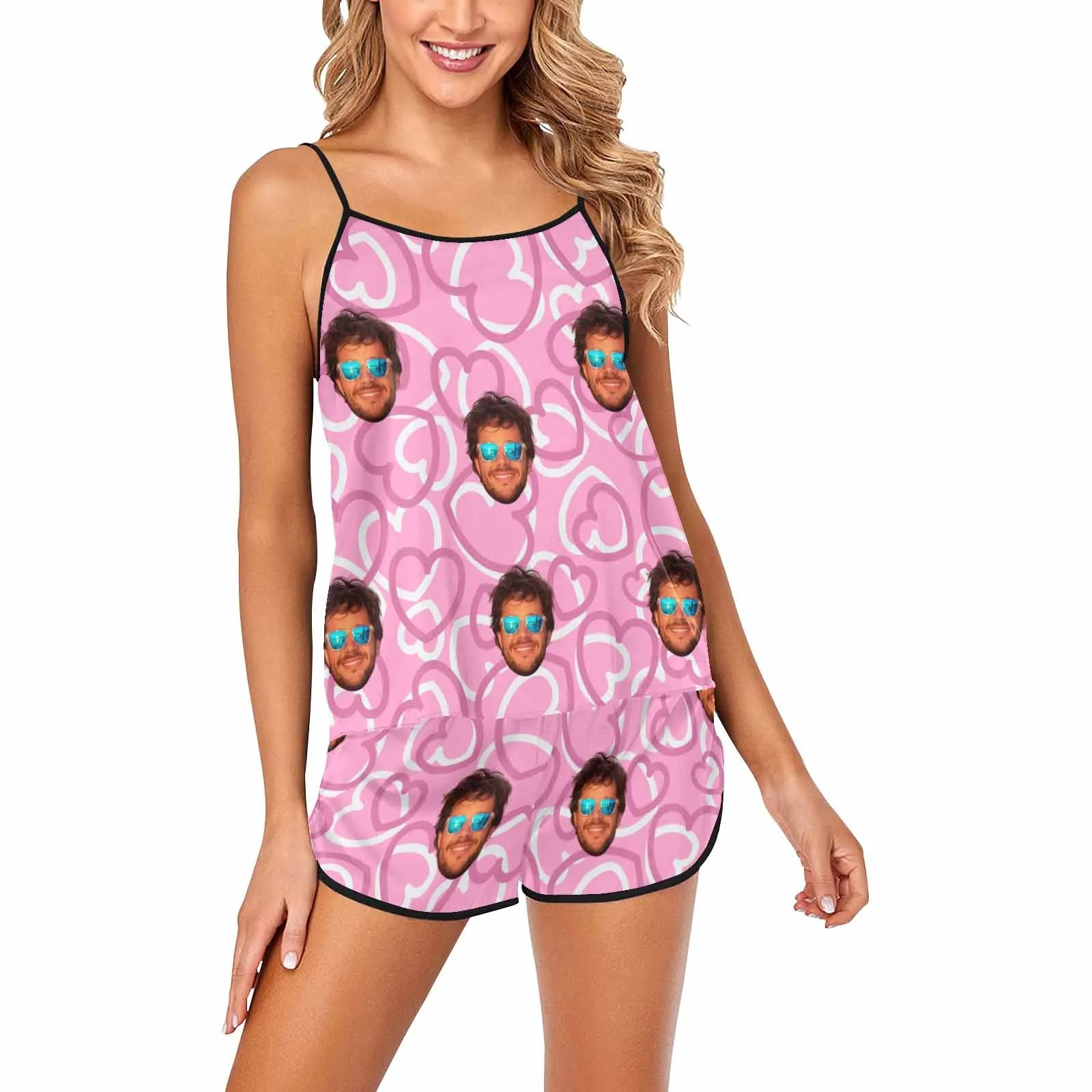Custom photo Women's Spaghetti Strap Cami Short Pajama Sets with face Personalized picture women pajamas with face gifts for her wife mom