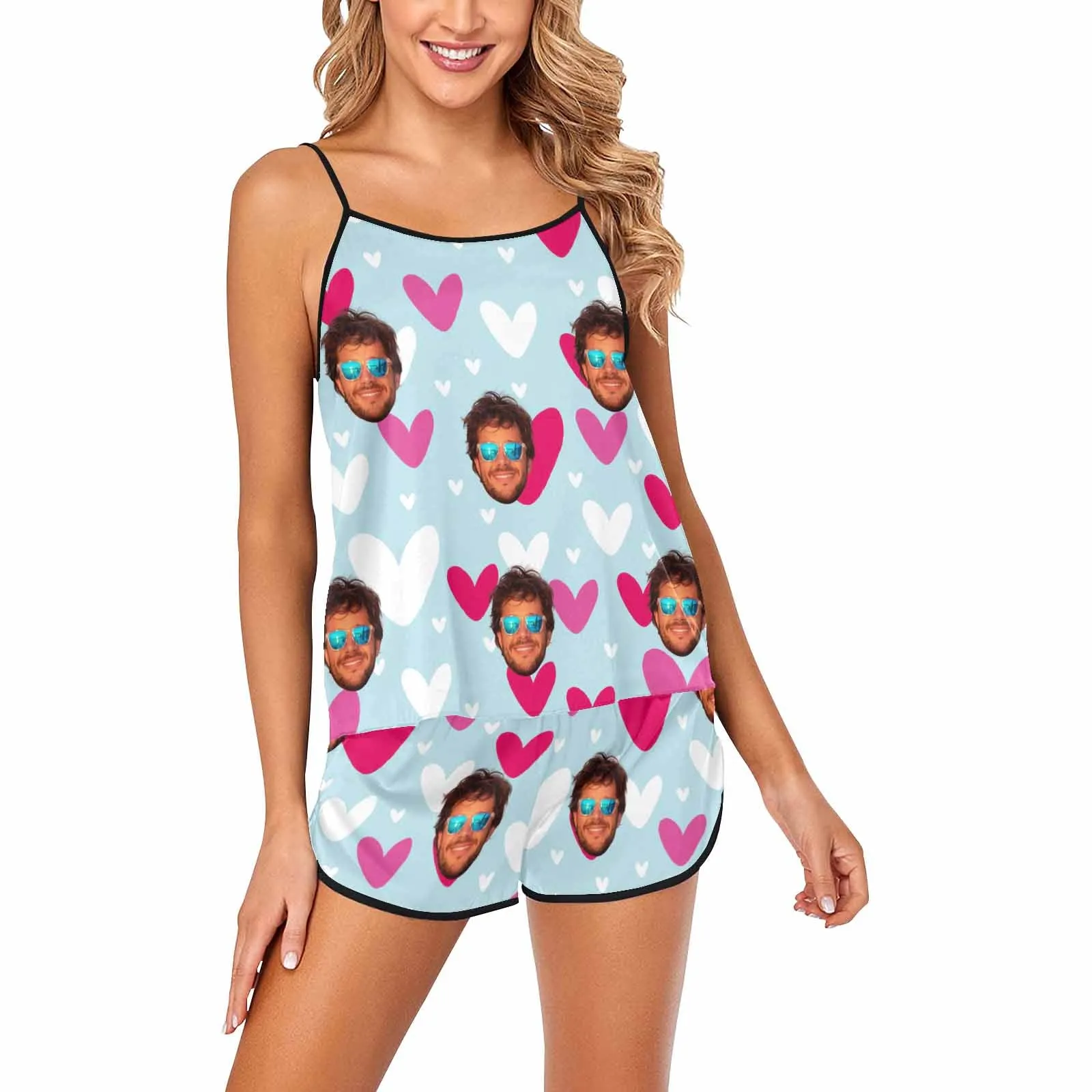 Custom photo Women's Spaghetti Strap Cami Short Pajama Sets with face Personalized picture women pajamas with face gifts for her wife mom