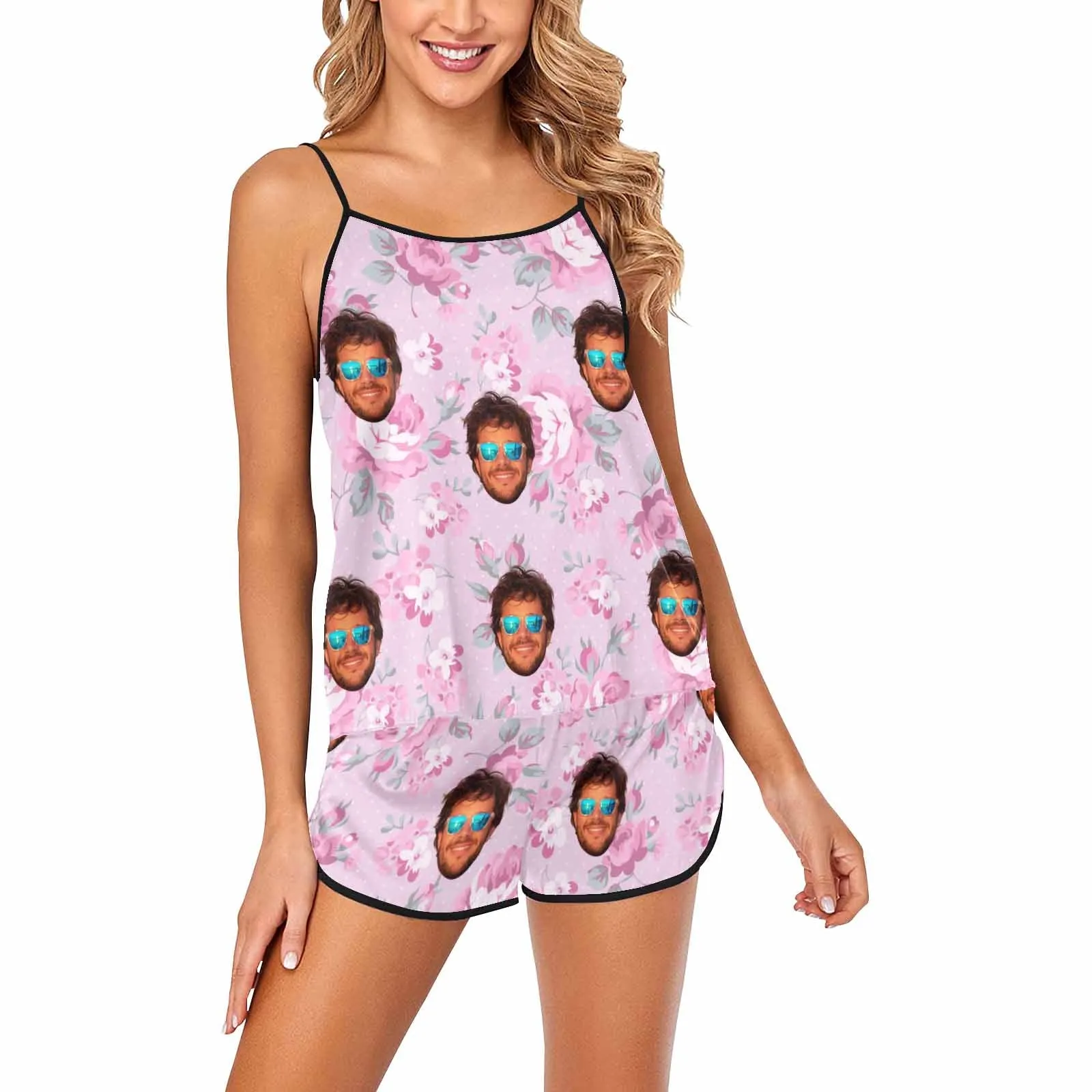 Custom photo Women's Spaghetti Strap Cami Short Pajama Sets with face Personalized picture women pajamas with face gifts for her wife mom