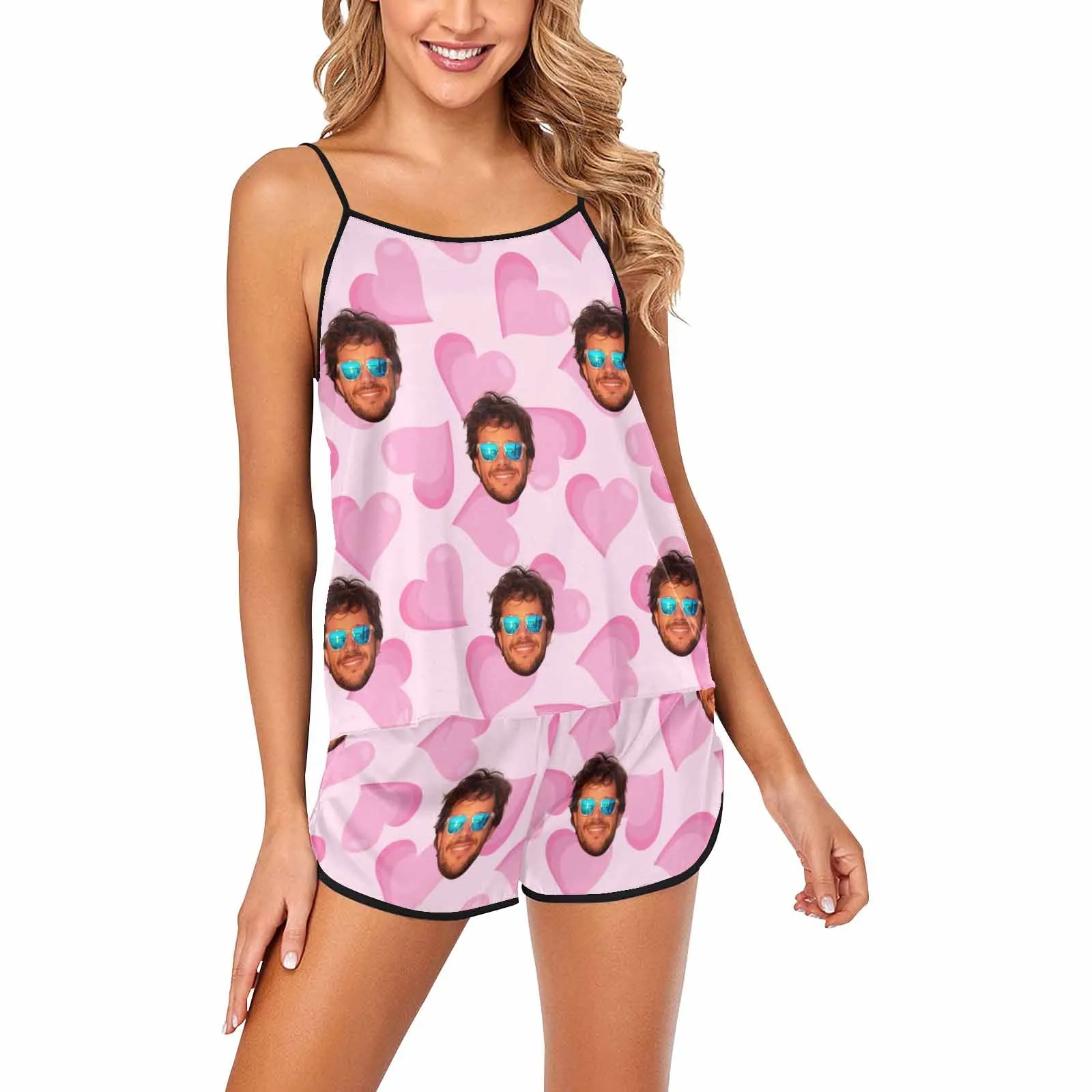 Custom photo Women's Spaghetti Strap Cami Short Pajama Sets with face Personalized picture women pajamas with face gifts for her wife mom