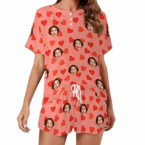 Custom Short Pajama Set With Face for women Personalized Photo round neck Short PJ Sets for GF Wife Mom Valentine Gift