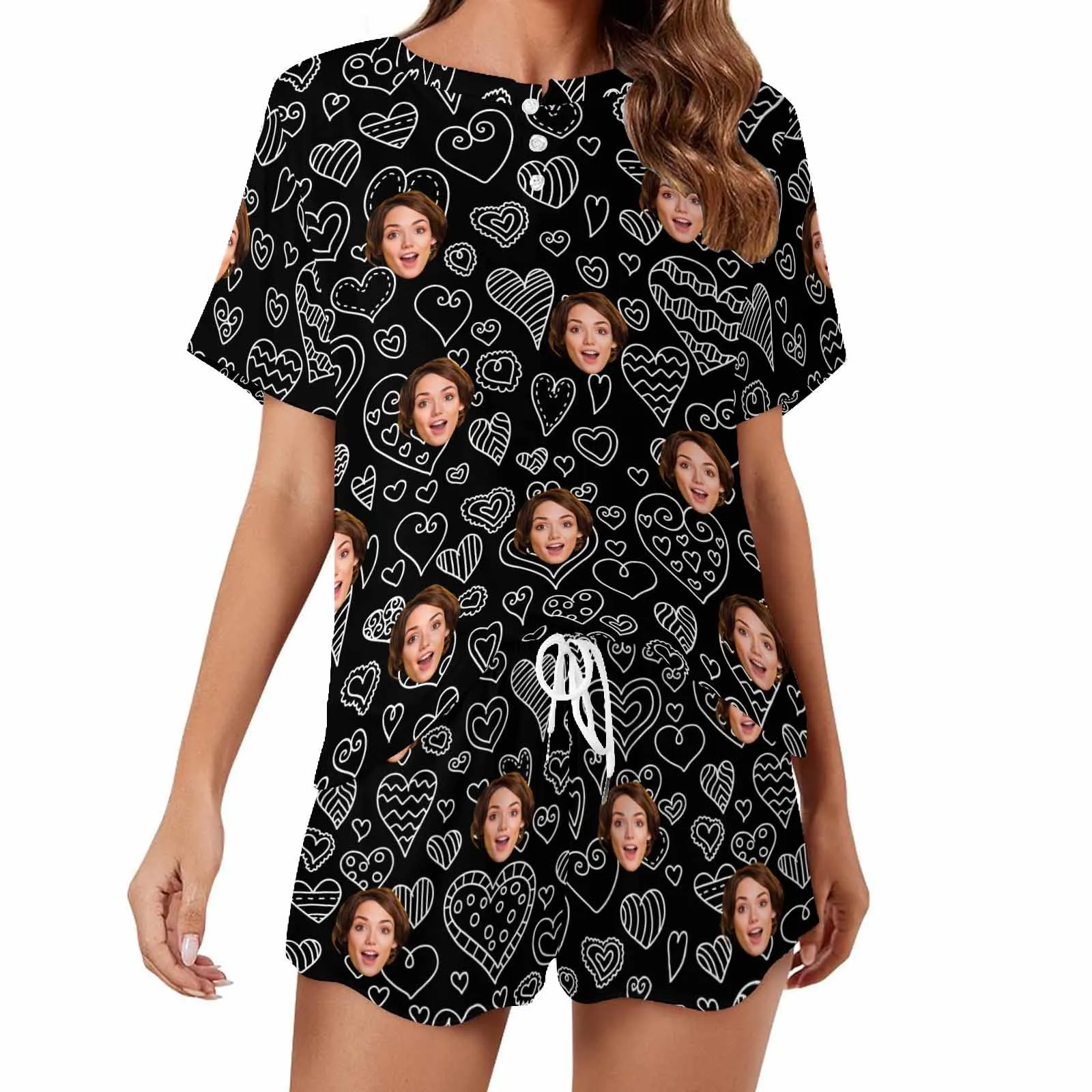Custom Short Pajama Set With Face for women Personalized Photo round neck Short PJ Sets for GF Wife Mom Valentine Gift