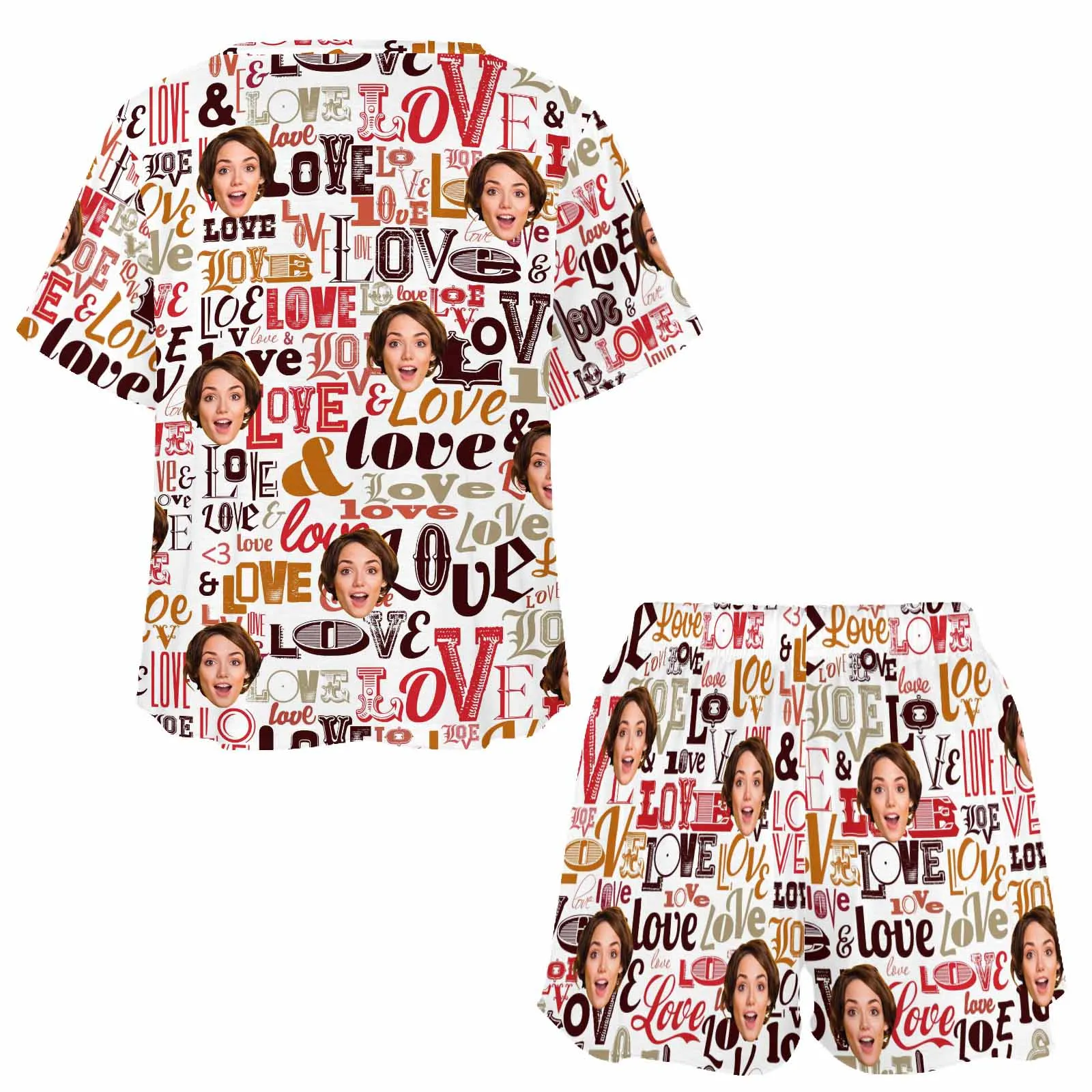 Custom Short Pajama Set With Face for women Personalized Photo round neck Short PJ Sets for GF Wife Mom Valentine Gift