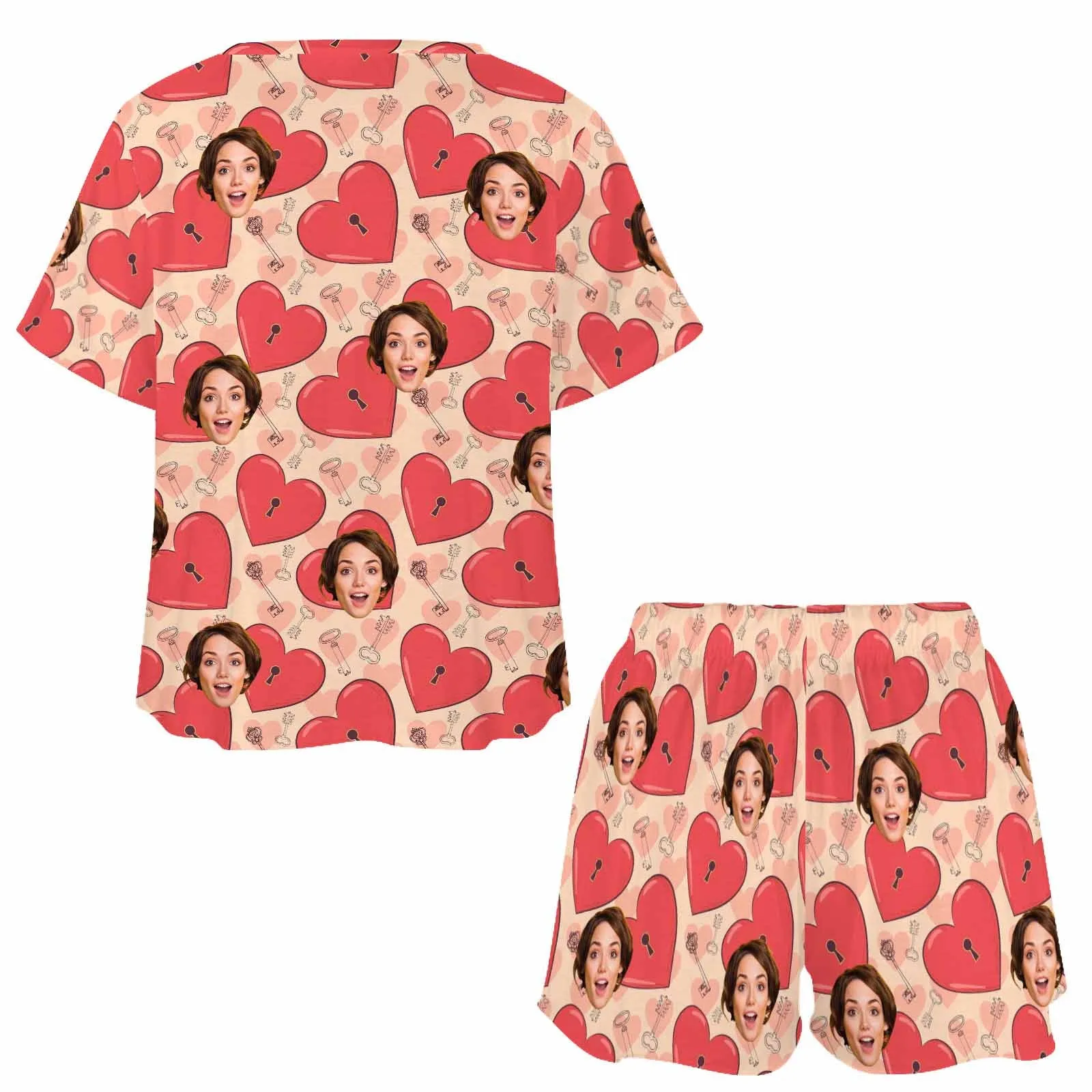 Custom Short Pajama Set With Face for women Personalized Photo round neck Short PJ Sets for GF Wife Mom Valentine Gift
