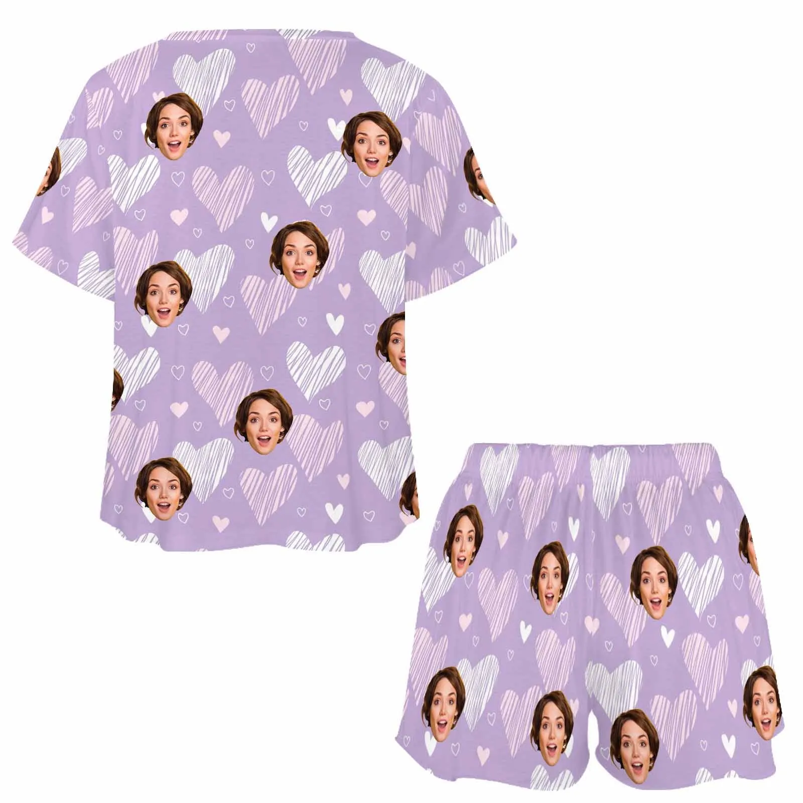 Custom Short Pajama Set With Face for women Personalized Photo round neck Short PJ Sets for GF Wife Mom Valentine Gift