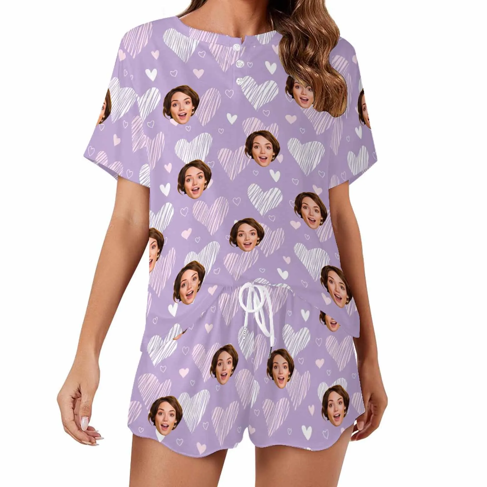Custom Short Pajama Set With Face for women Personalized Photo round neck Short PJ Sets for GF Wife Mom Valentine Gift