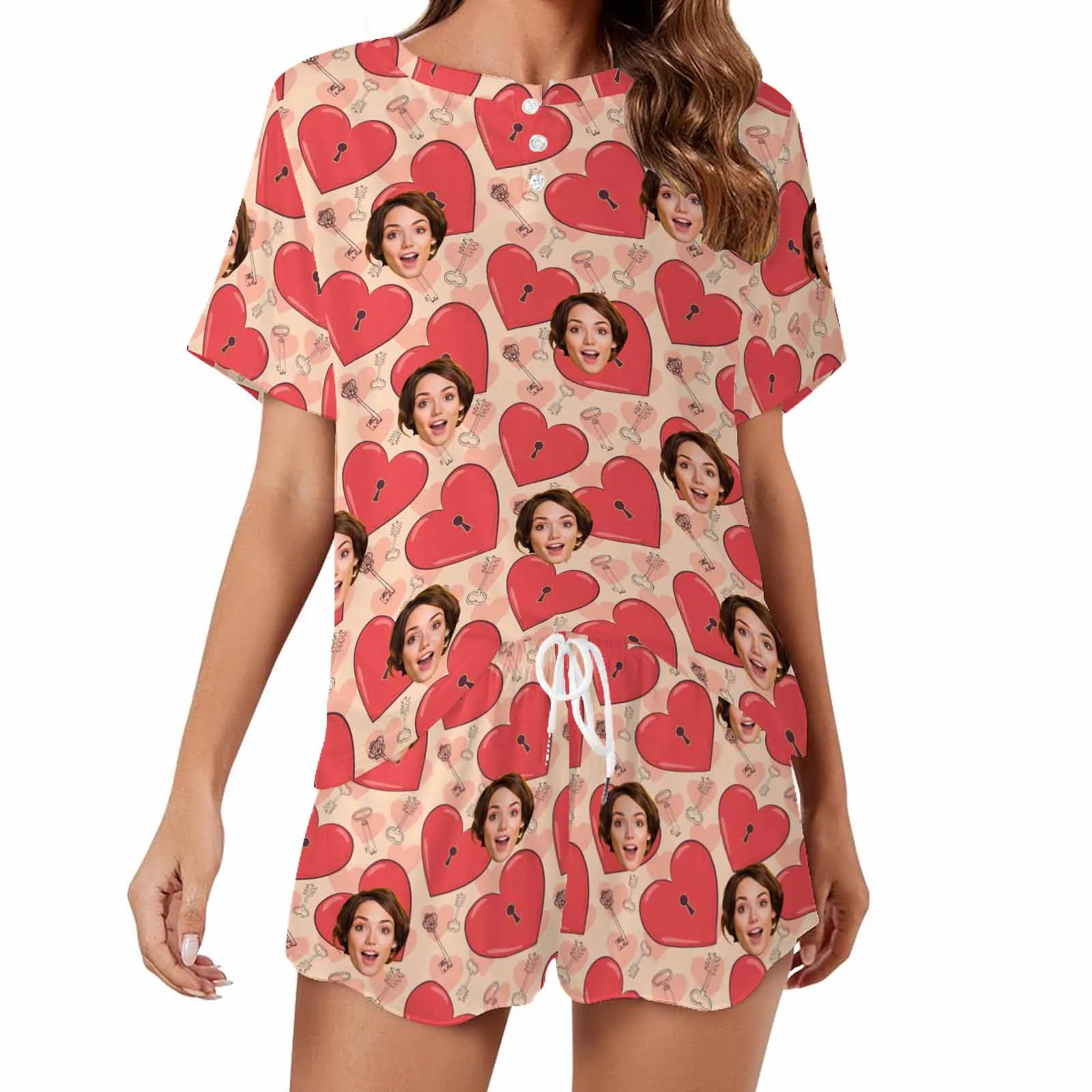 Custom Short Pajama Set With Face for women Personalized Photo round neck Short PJ Sets for GF Wife Mom Valentine Gift