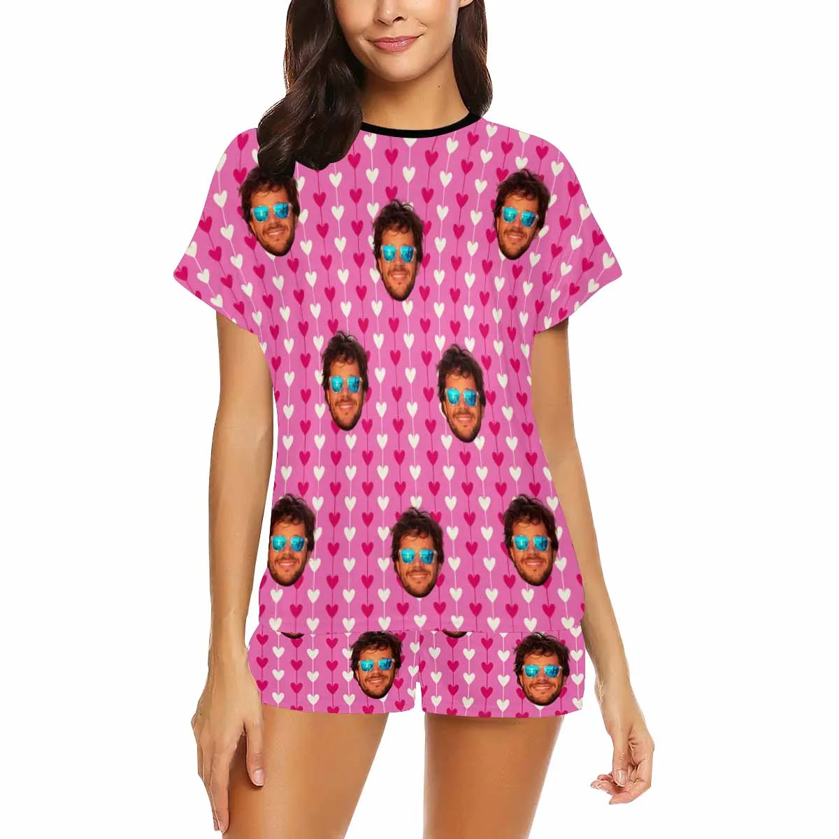 Custom Valentine crew neck Pajamas Set with face for women Personalized picture Short pajamas with Face for GF Wife Mom Gift