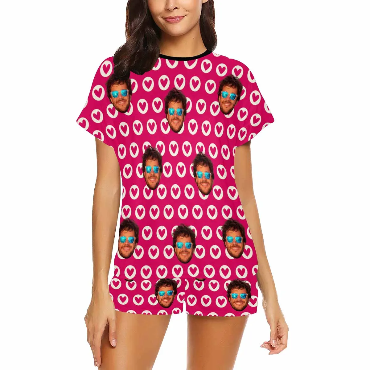 Custom Valentine crew neck Pajamas Set with face for women Personalized picture Short pajamas with Face for GF Wife Mom Gift