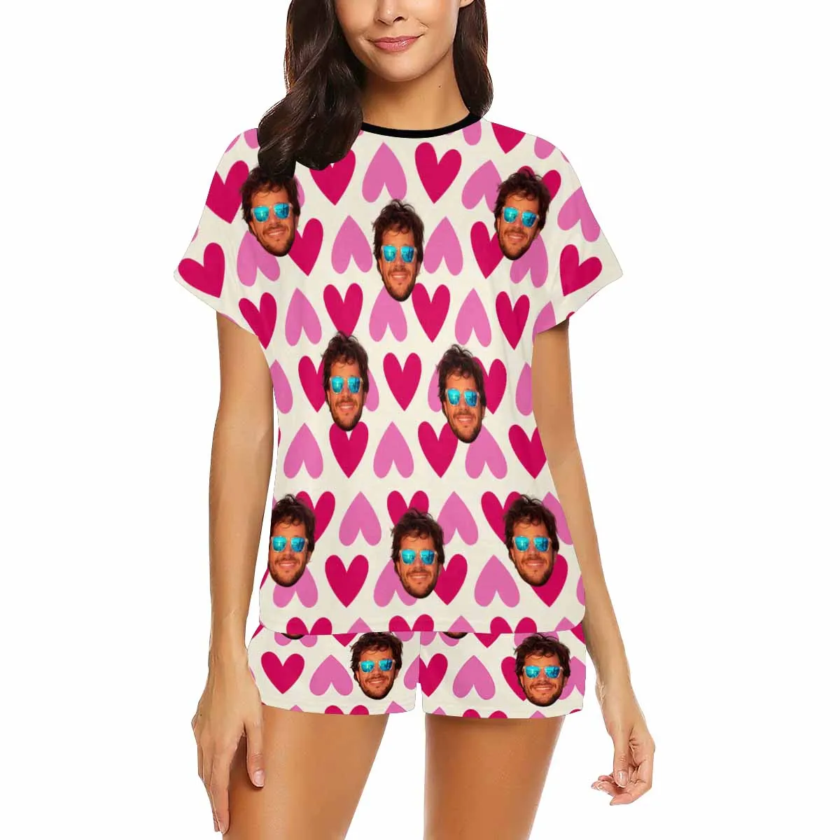 Custom Valentine crew neck Pajamas Set with face for women Personalized picture Short pajamas with Face for GF Wife Mom Gift