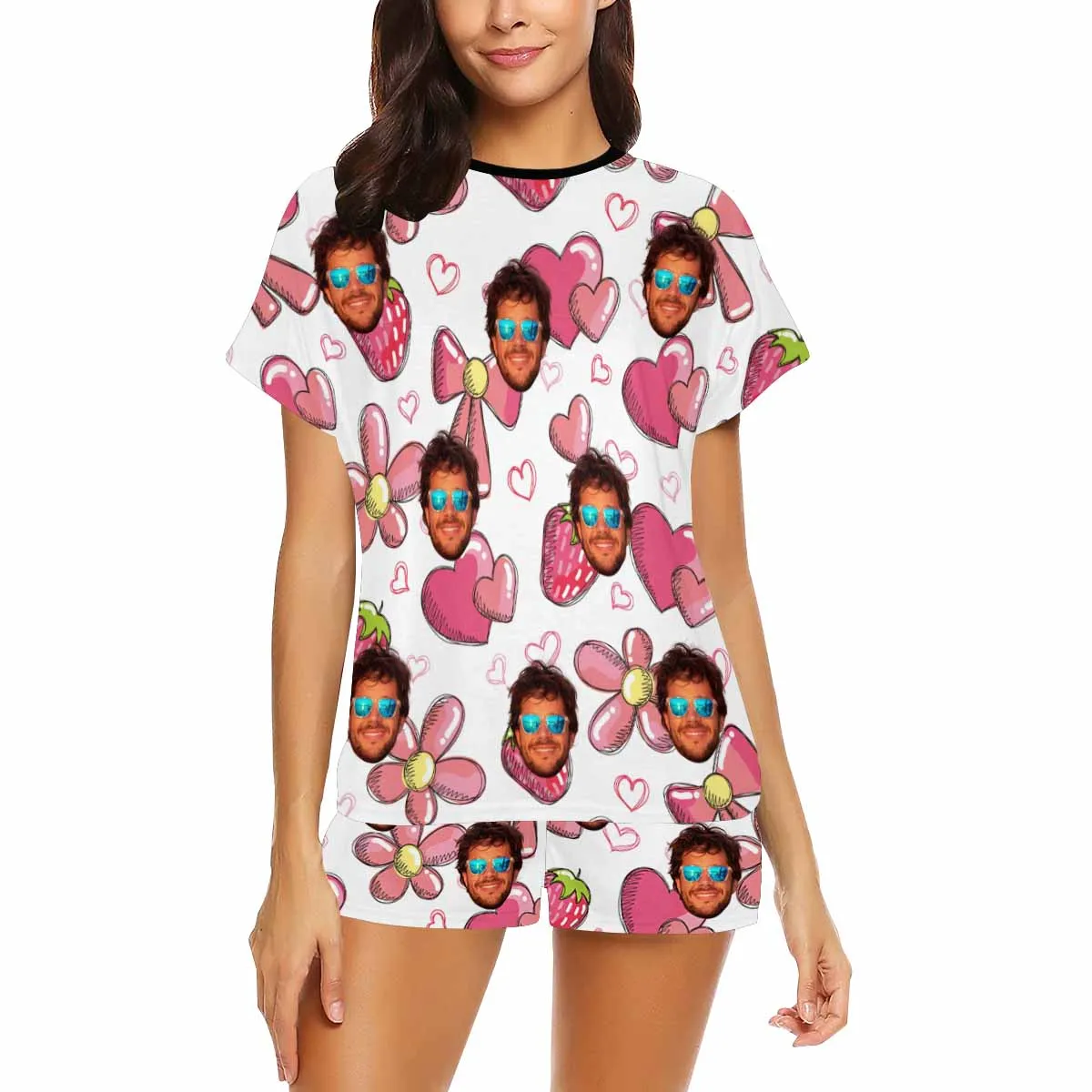 Custom Valentine crew neck Pajamas Set with face for women Personalized picture Short pajamas with Face for GF Wife Mom Gift