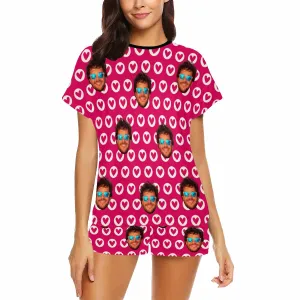 Custom Valentine crew neck Pajamas Set with face for women Personalized picture Short pajamas with Face for GF Wife Mom Gift