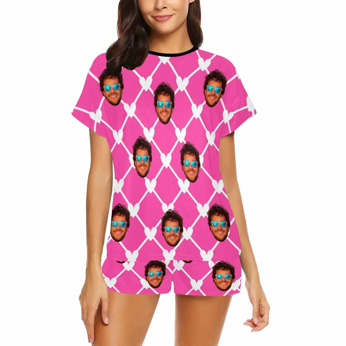 Custom Valentine crew neck Pajamas Set with face for women Personalized picture Short pajamas with Face for GF Wife Mom Gift