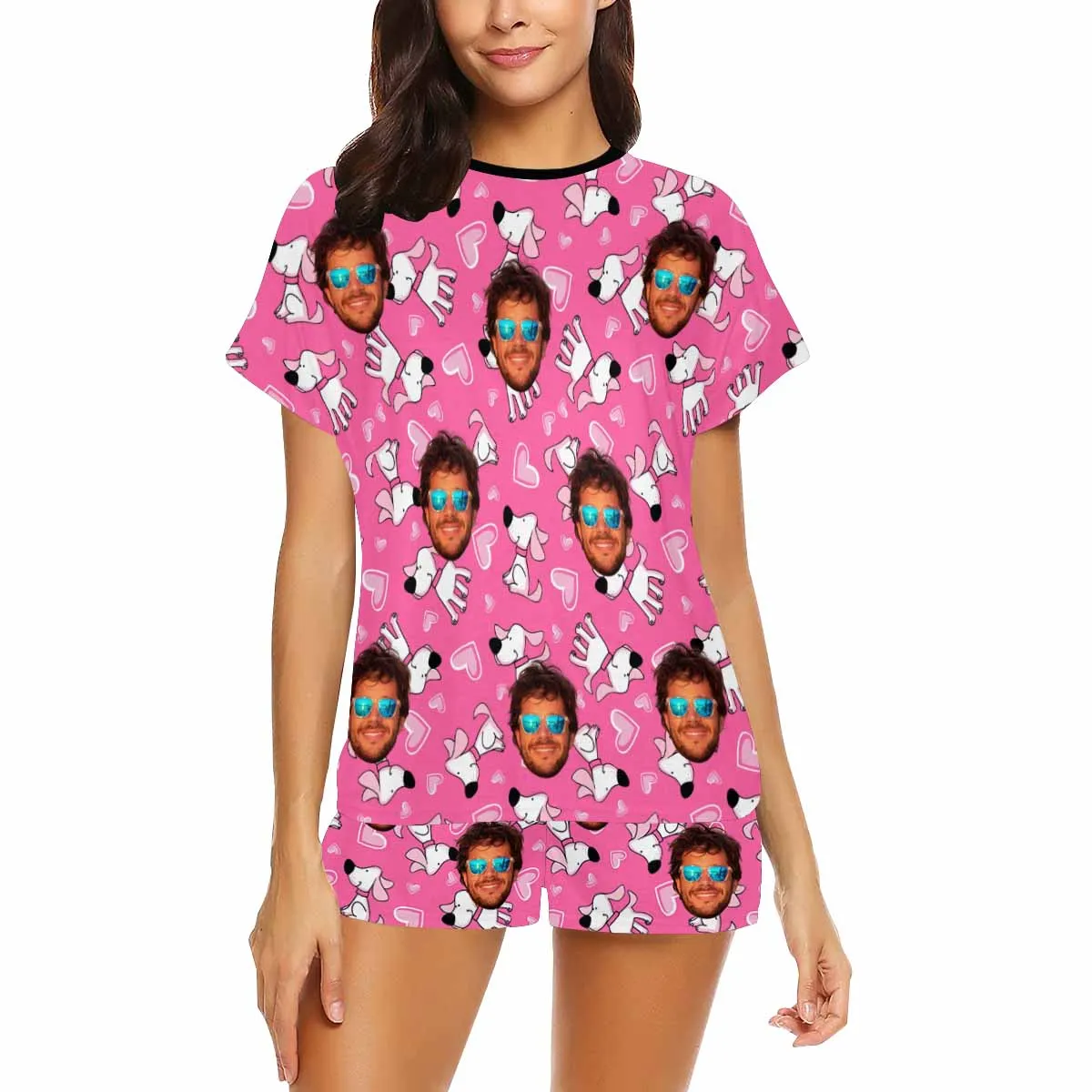 Custom Valentine crew neck Pajamas Set with face for women Personalized picture Short pajamas with Face for GF Wife Mom Gift