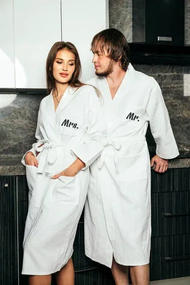 Custom Waffled Cotton Long Bathrobes for Mr and Mrs Anniversary Gift - Vinyl