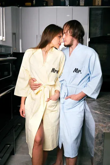 Custom Waffled Cotton Long Bathrobes for Mr and Mrs Anniversary Gift - Vinyl