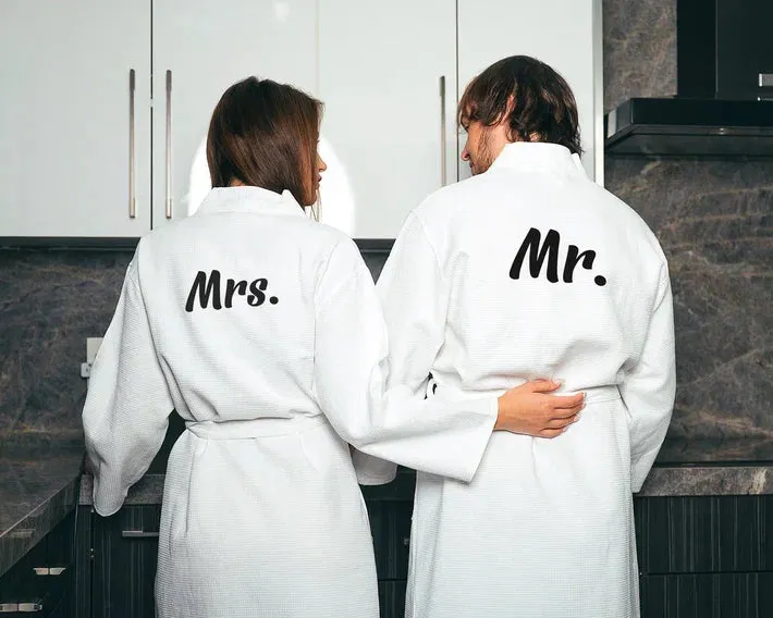 Custom Waffled Cotton Long Bathrobes for Mr and Mrs Anniversary Gift - Vinyl
