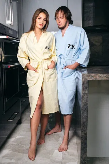 Custom Waffled Cotton Long Bathrobes for Mr and Mrs Anniversary Gift - Vinyl