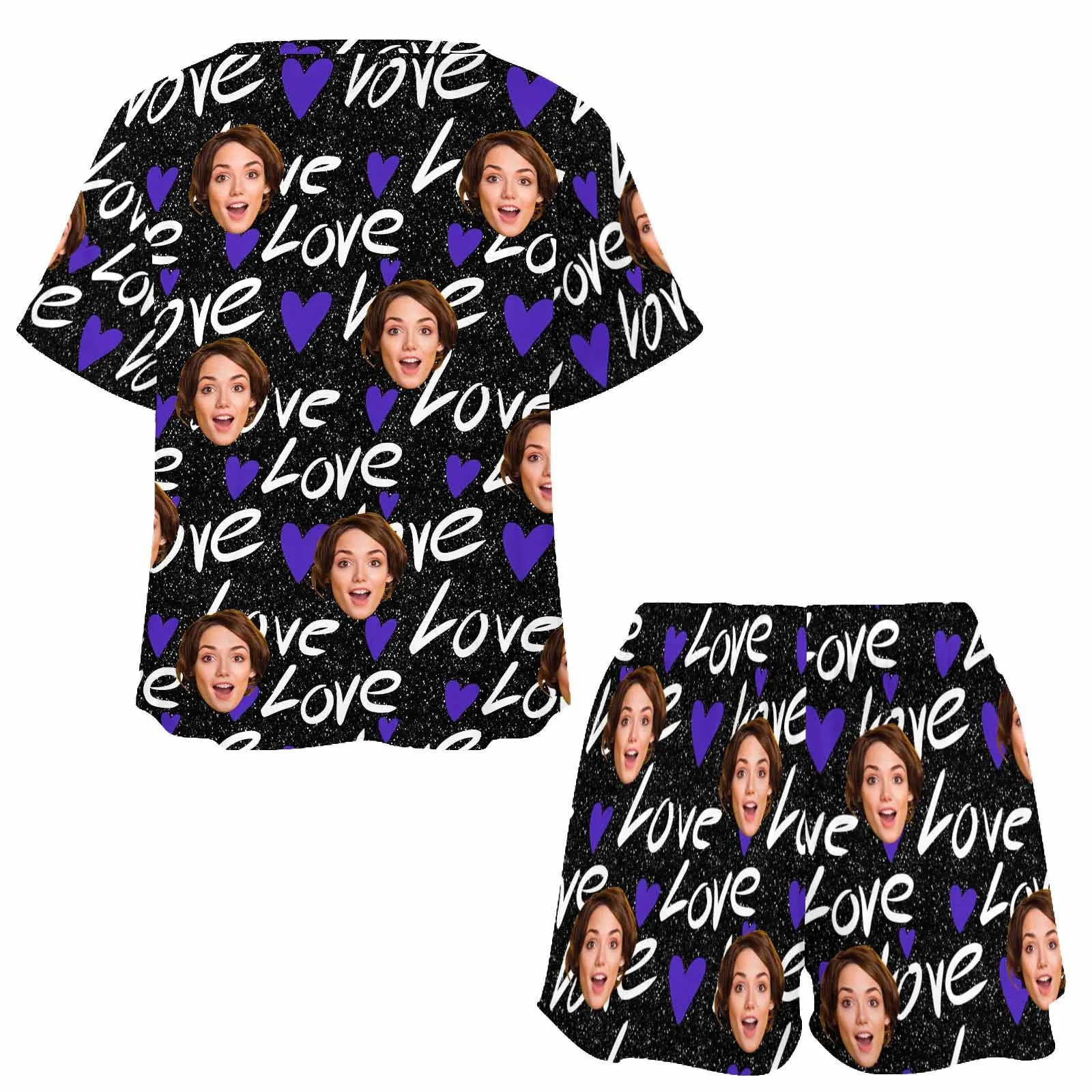 Custom Womens Short Pajama Set With Face Personalized Photo Short Nightwear Loungewear for GF Wife Mom valentine Gift
