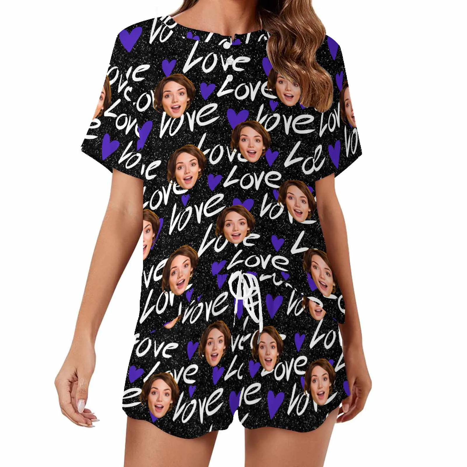 Custom Womens Short Pajama Set With Face Personalized Photo Short Nightwear Loungewear for GF Wife Mom valentine Gift