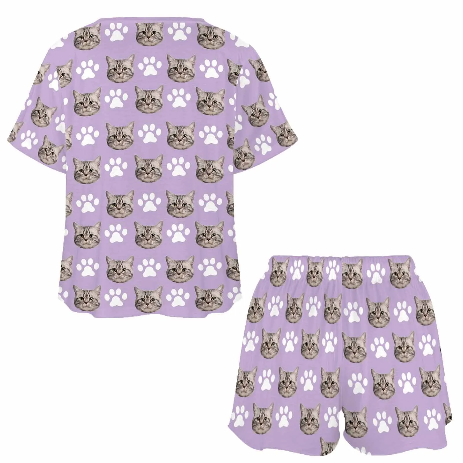 Custom Womens Valentine Short round neck Pajama Set With pet Face Personalized Photo Short Nightwear for GF Wife Gift