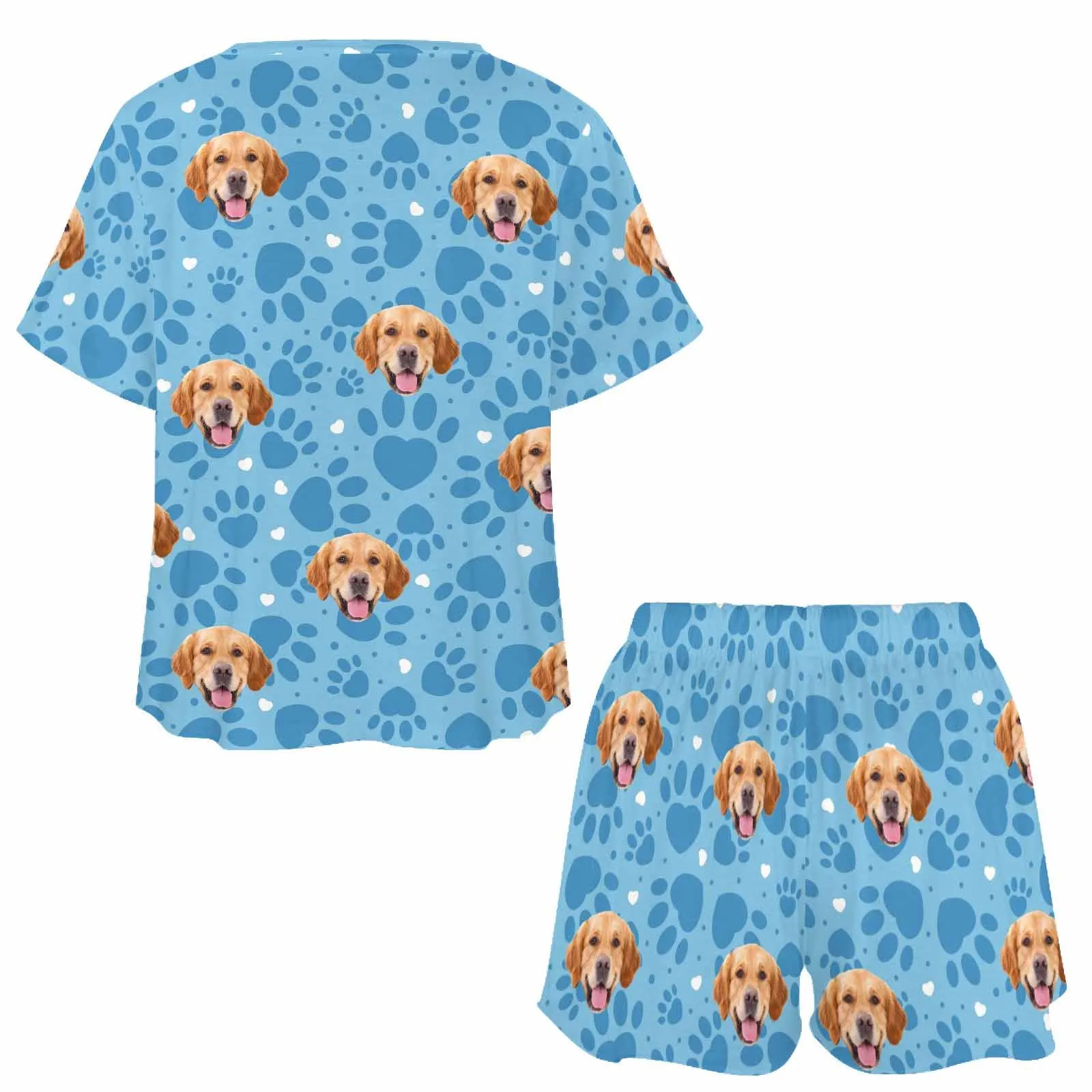 Custom Womens Valentine Short round neck Pajama Set With pet Face Personalized Photo Short Nightwear for GF Wife Gift
