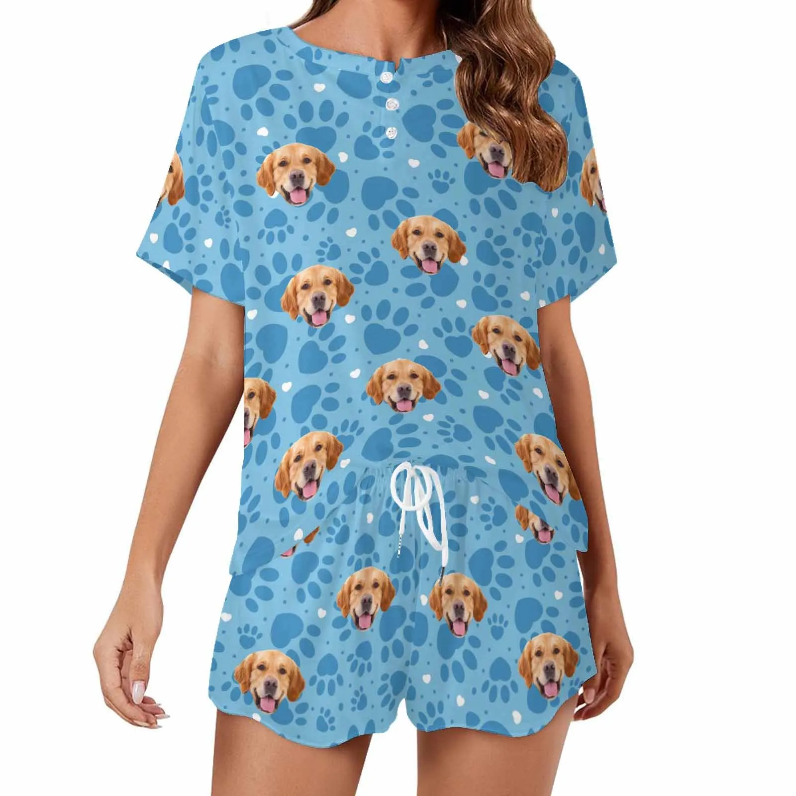 Custom Womens Valentine Short round neck Pajama Set With pet Face Personalized Photo Short Nightwear for GF Wife Gift