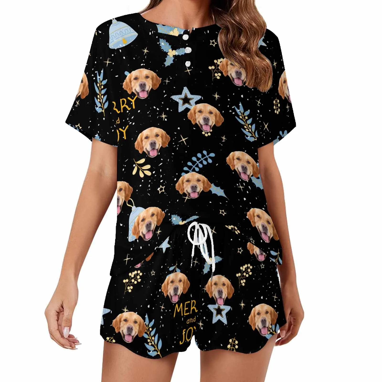 Custom Womens Valentine Short round neck Pajama Set With pet Face Personalized Photo Short Nightwear for GF Wife Gift
