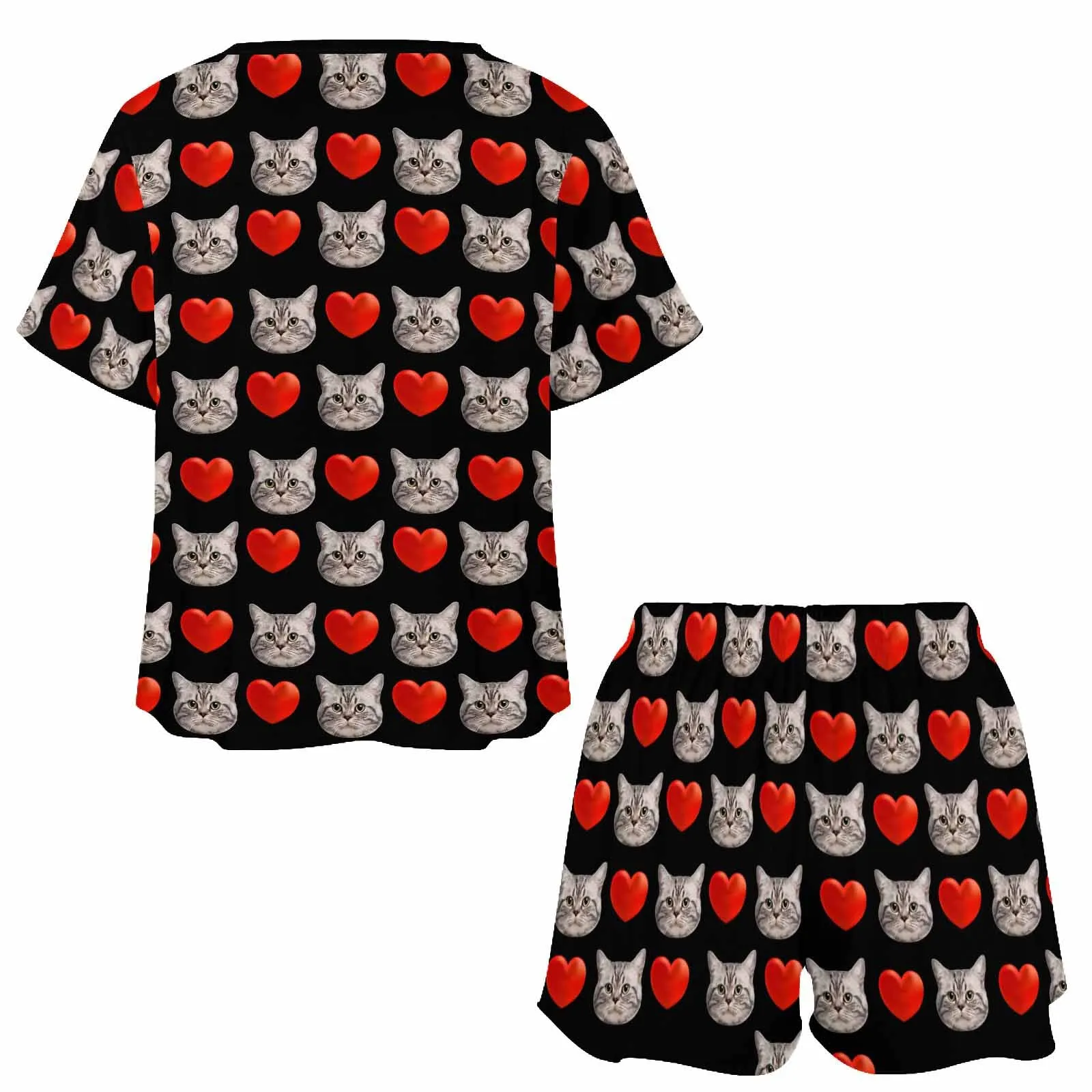 Custom Womens Valentine Short round neck Pajama Set With pet Face Personalized Photo Short Nightwear for GF Wife Gift
