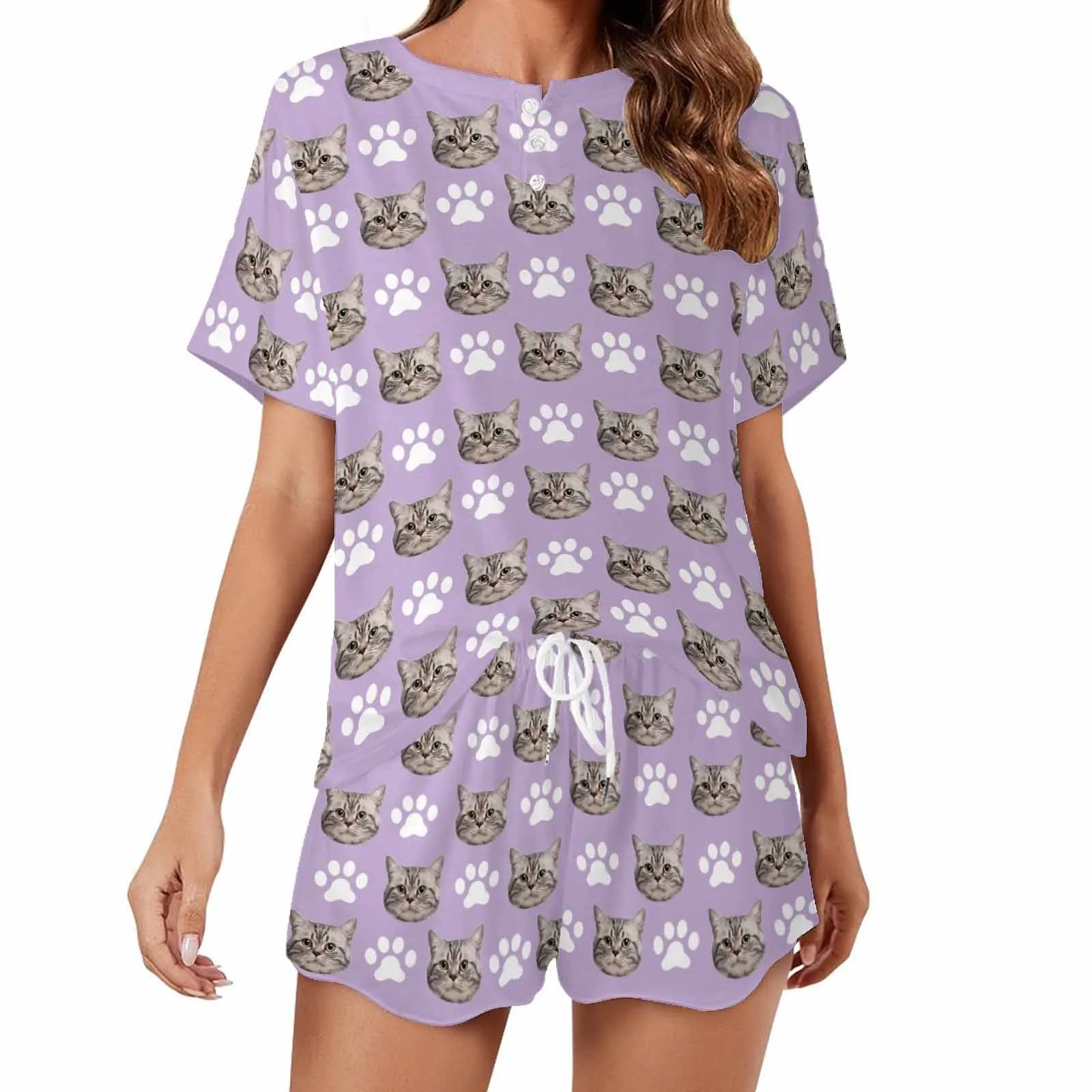 Custom Womens Valentine Short round neck Pajama Set With pet Face Personalized Photo Short Nightwear for GF Wife Gift