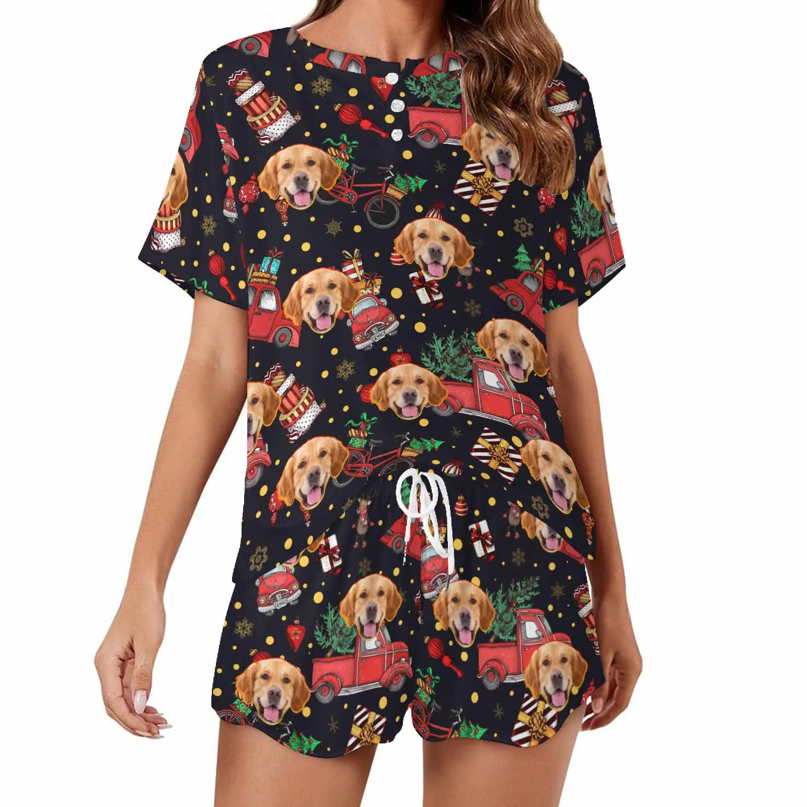 Custom Womens Valentine Short round neck Pajama Set With pet Face Personalized Photo Short Nightwear for GF Wife Gift