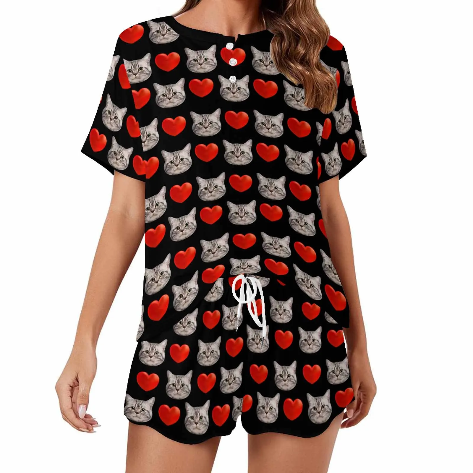 Custom Womens Valentine Short round neck Pajama Set With pet Face Personalized Photo Short Nightwear for GF Wife Gift