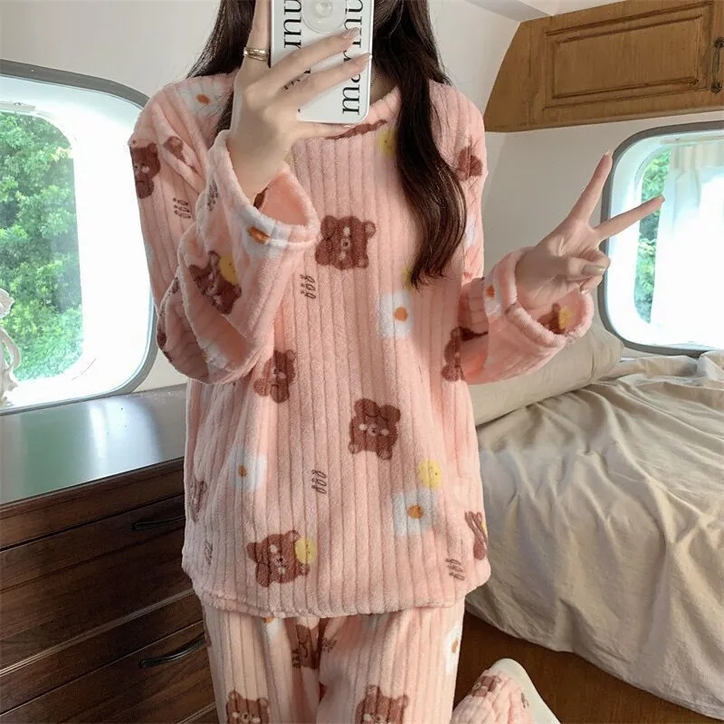 Cute Cartoon Bear Women's Winter Pajama Set