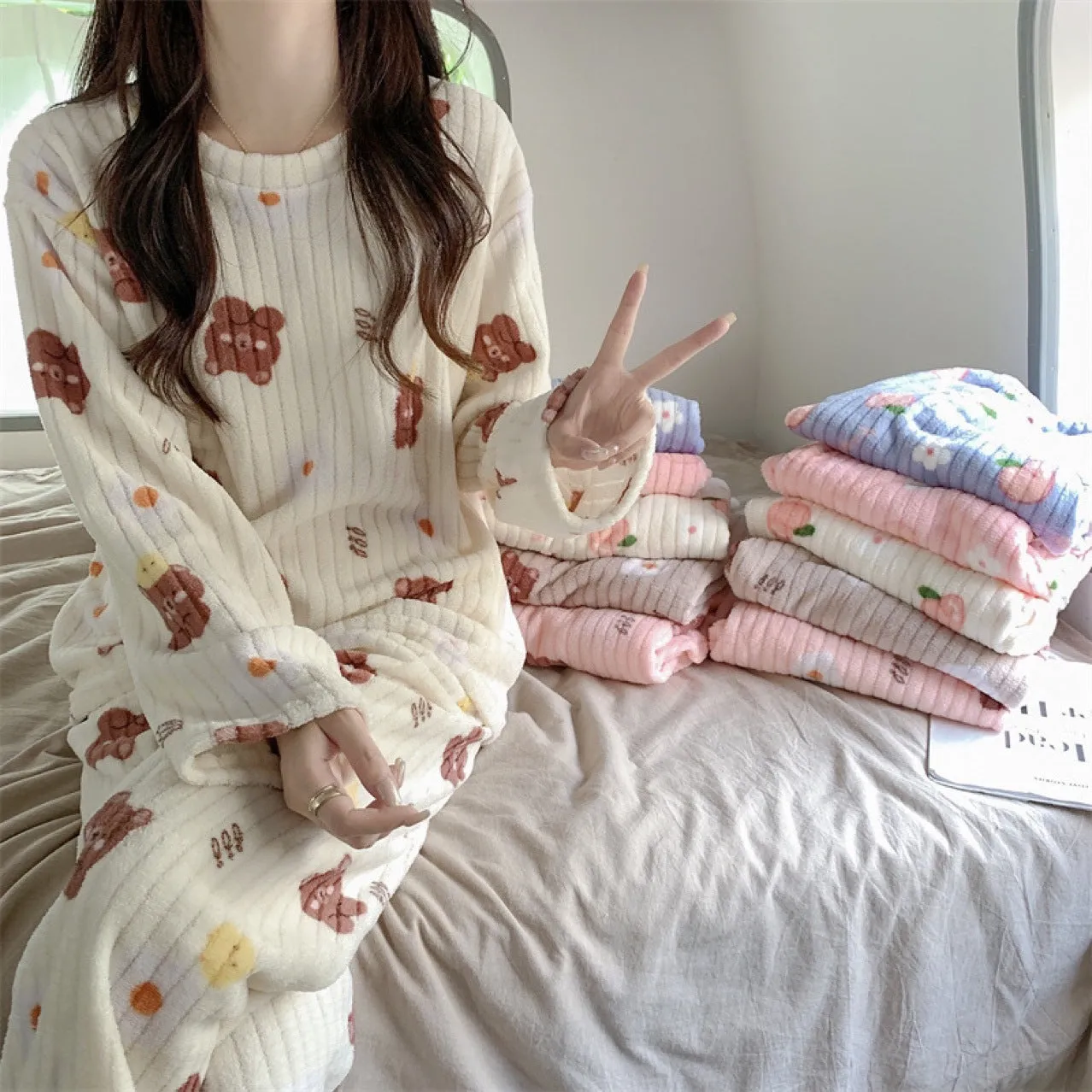 Cute Cartoon Bear Women's Winter Pajama Set