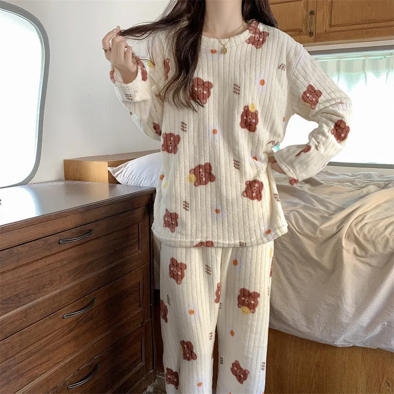 Cute Cartoon Bear Women's Winter Pajama Set