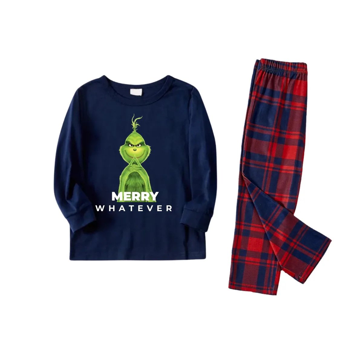 Cute Cartoon Pattern and "Merry Whatever" Slogan Printed Blue Top Red&Blue Plaid Pants Family Matching Pajamas